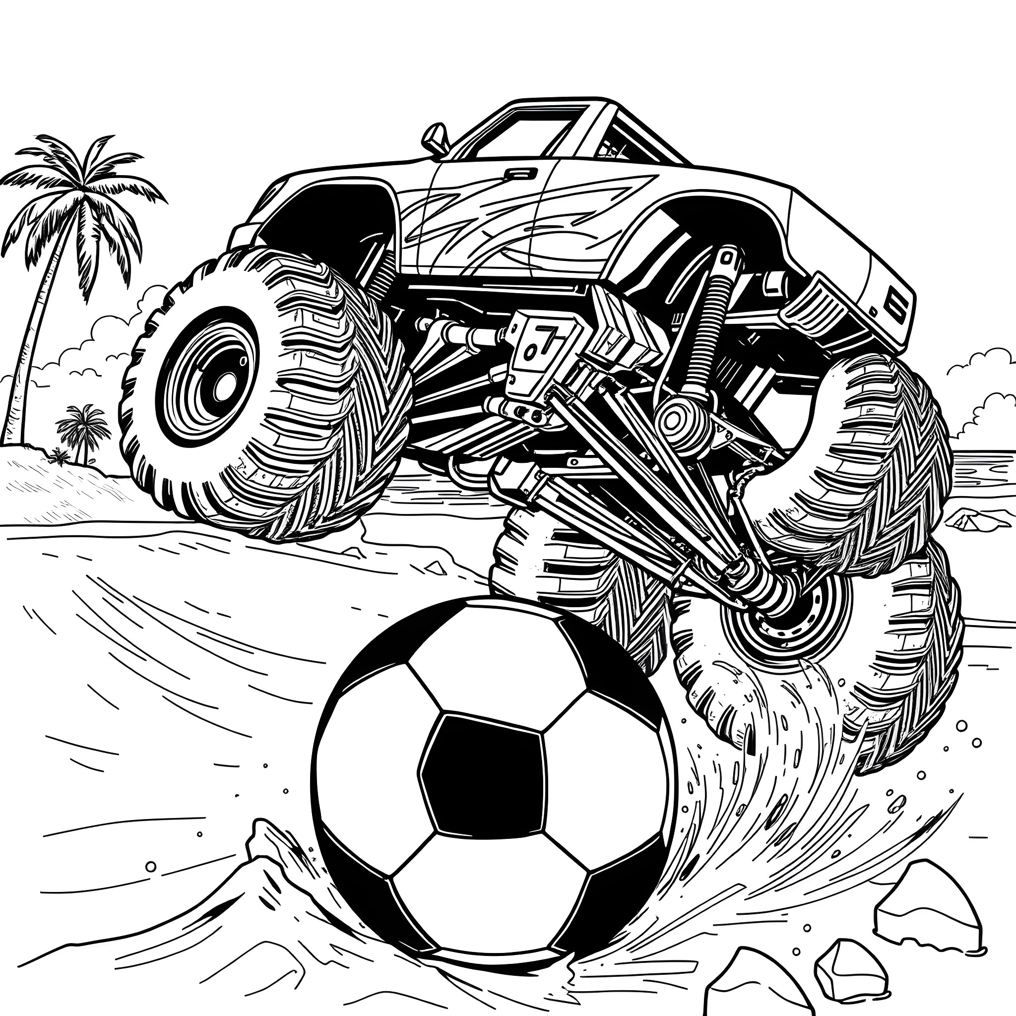 Monster Truck Crushing Soccer Ball on the Beach Coloring Page (free black-and-white line drawing printable PDF for all, from beginners to advanced learners, including children, teens, adults, and seniors)