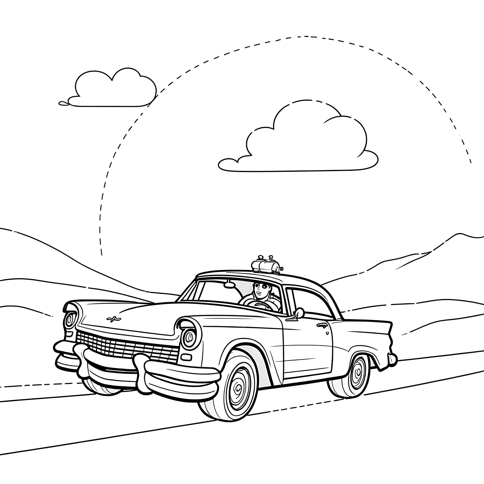 Michael Jackson cruising in classic car on scenic road Coloring Page (free black-and-white line drawing printable PDF for all, from beginners to advanced learners, including children, teens, adults, and seniors)