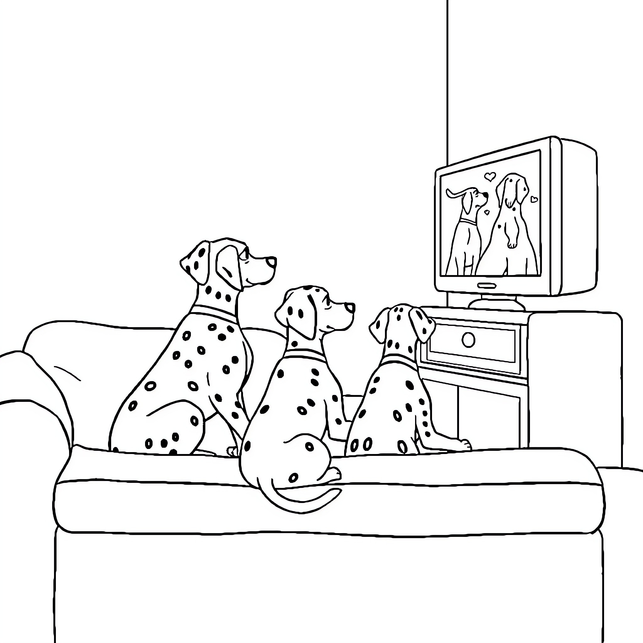 Dalmatian dogs watching television together Coloring Page (free black-and-white line drawing printable PDF for all, from beginners to advanced learners, including children, teens, adults, and seniors)