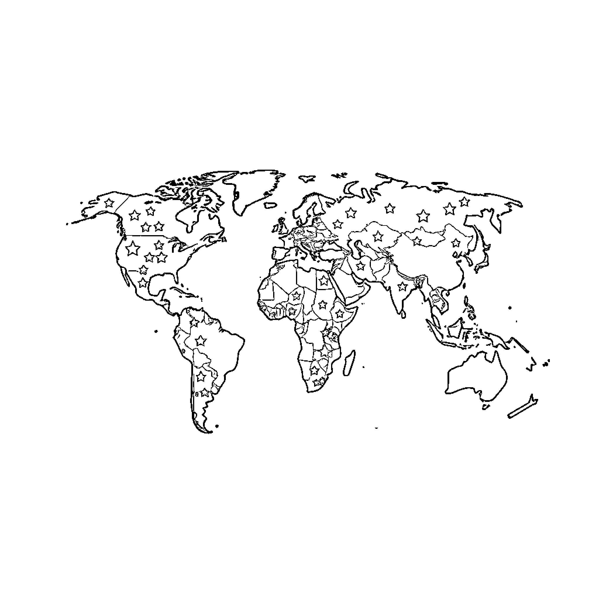 Map of the world with outline and stars Coloring Page (free black-and-white line drawing printable PDF for all, from beginners to advanced learners, including children, teens, adults, and seniors)