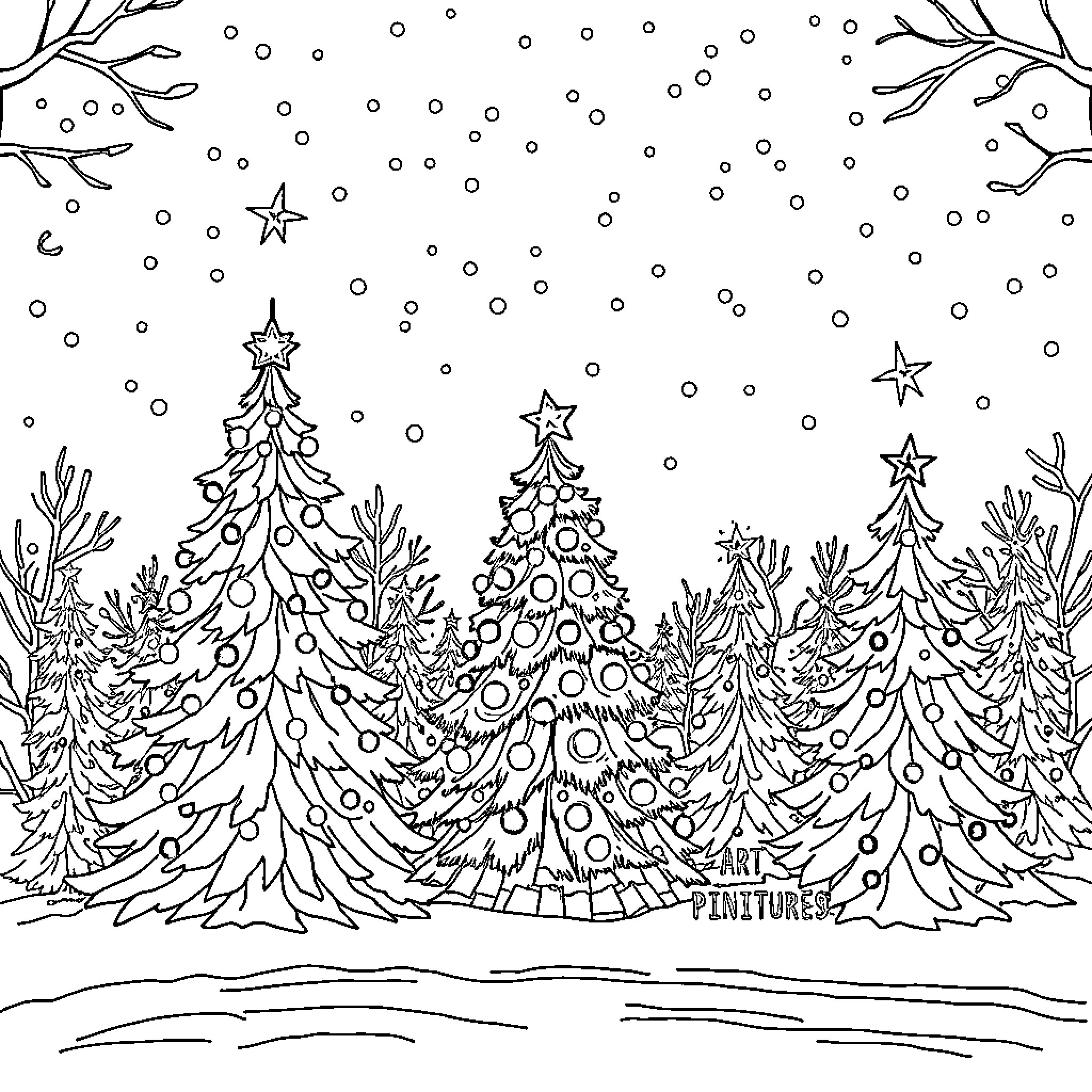 Christmas Tree Ornament Filled Forest Scene Coloring Page (free black-and-white line drawing printable PDF for all, from beginners to advanced learners, including children, teens, adults, and seniors)