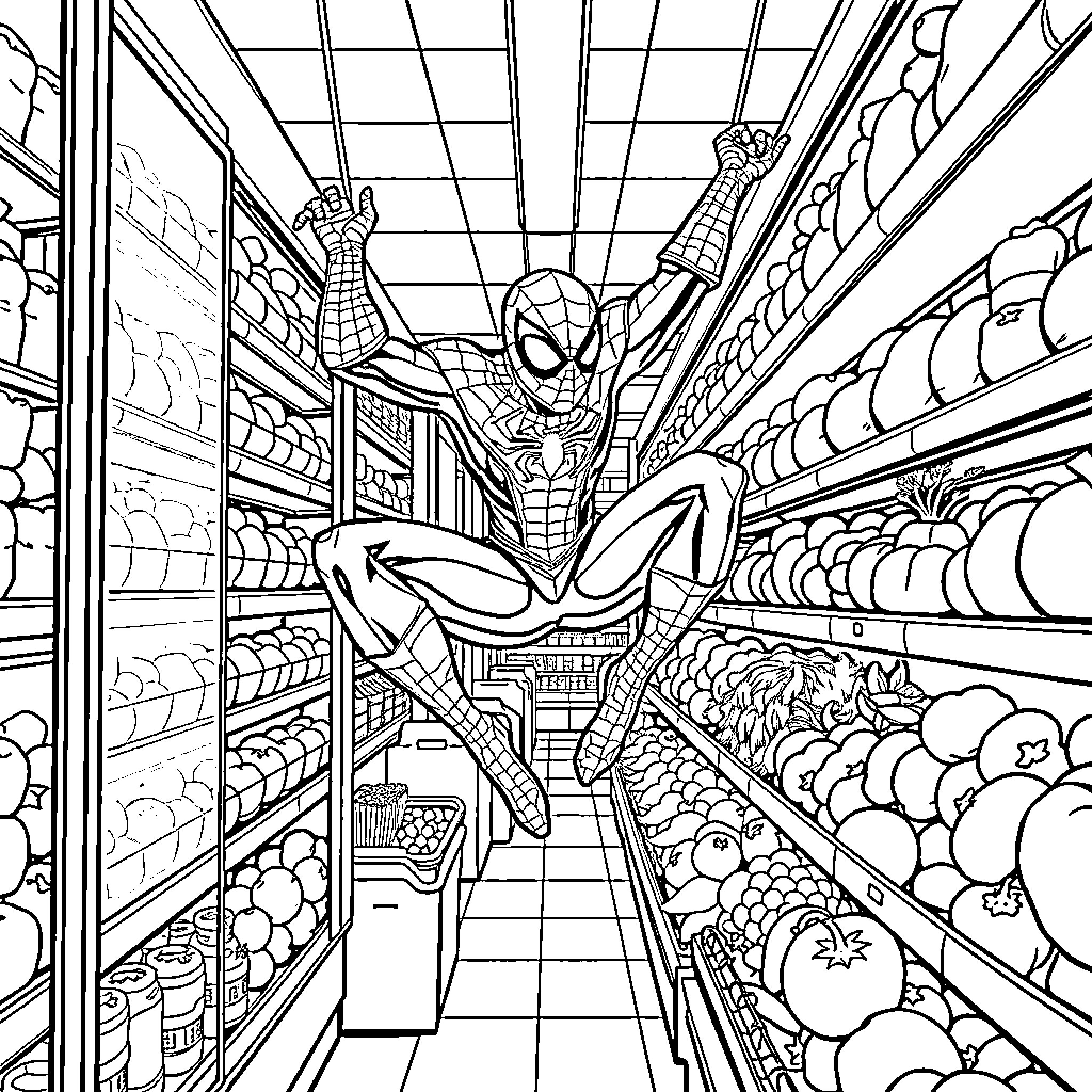 Spider-Man swinging through a lively grocery store Coloring Page (free black-and-white line drawing printable PDF for all, from beginners to advanced learners, including children, teens, adults, and seniors)