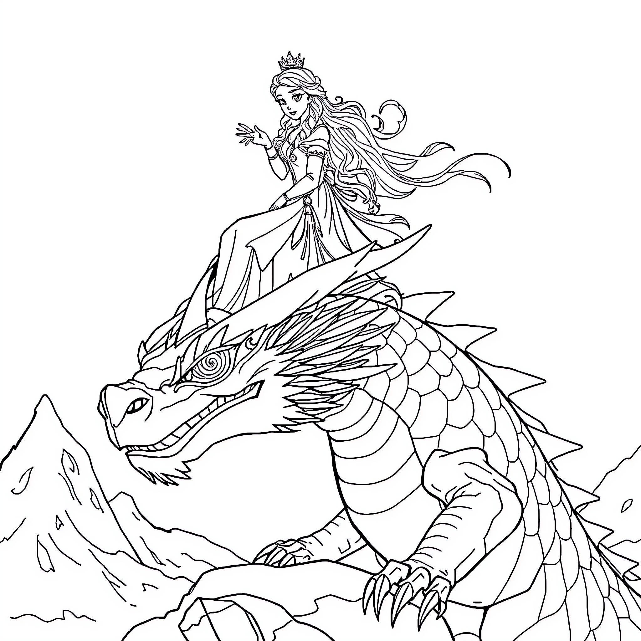 Snow Queen riding a majestic dragon in a winter landscape Coloring Page (free black-and-white line drawing printable PDF for all, from beginners to advanced learners, including children, teens, adults, and seniors)