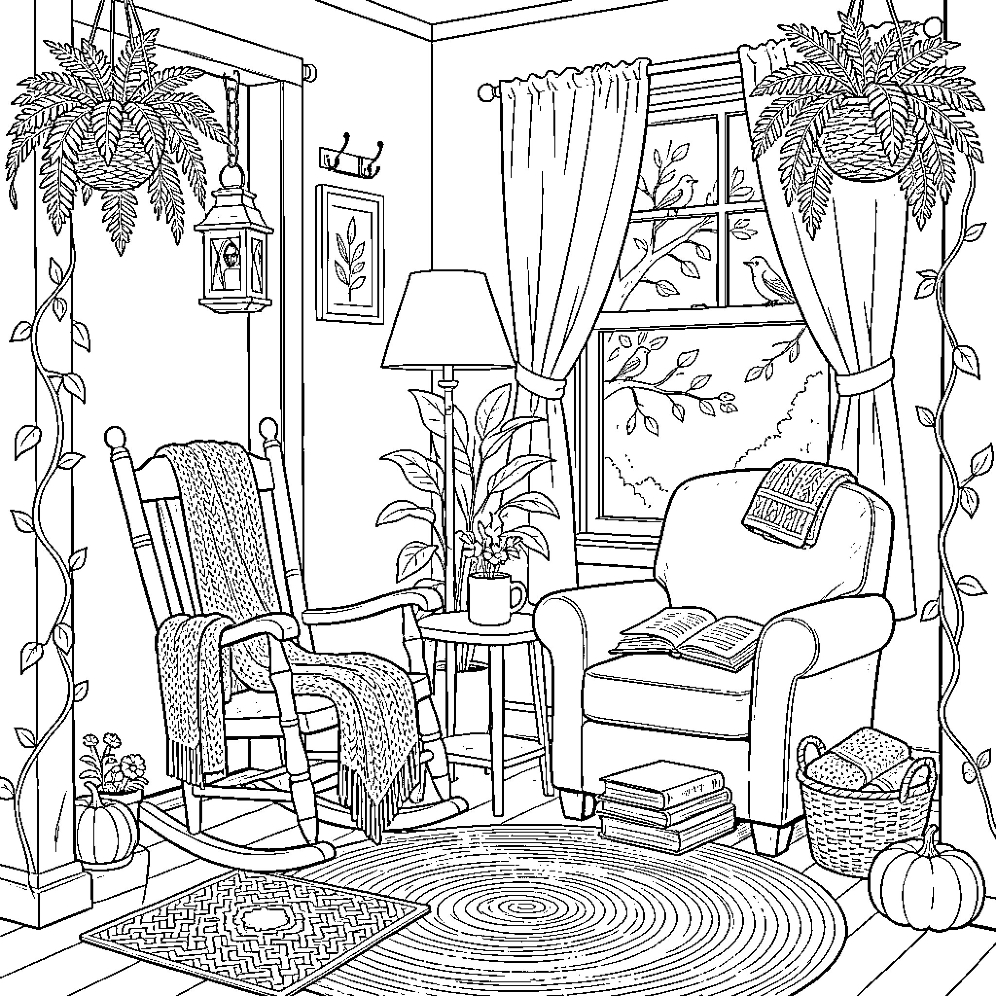 Chair and armchair in a cozy living room scene Coloring Page (free black-and-white line drawing printable PDF for all, from beginners to advanced learners, including children, teens, adults, and seniors)
