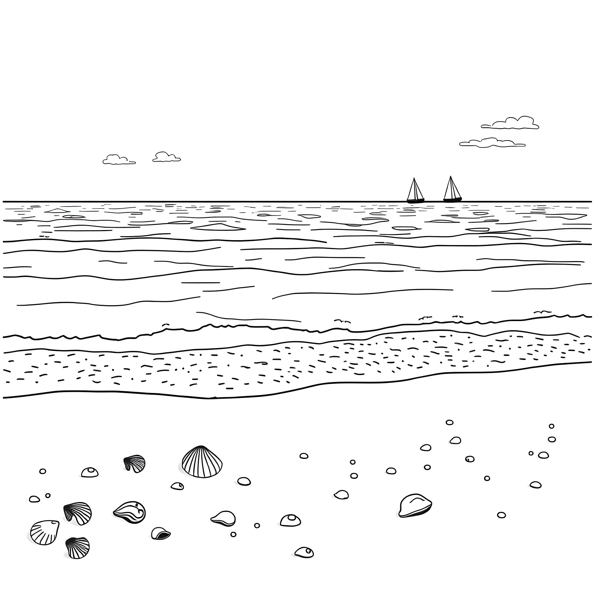 Ocean scene with sailboats and seashells Coloring Page (free black-and-white line drawing printable PDF for all, from beginners to advanced learners, including children, teens, adults, and seniors)