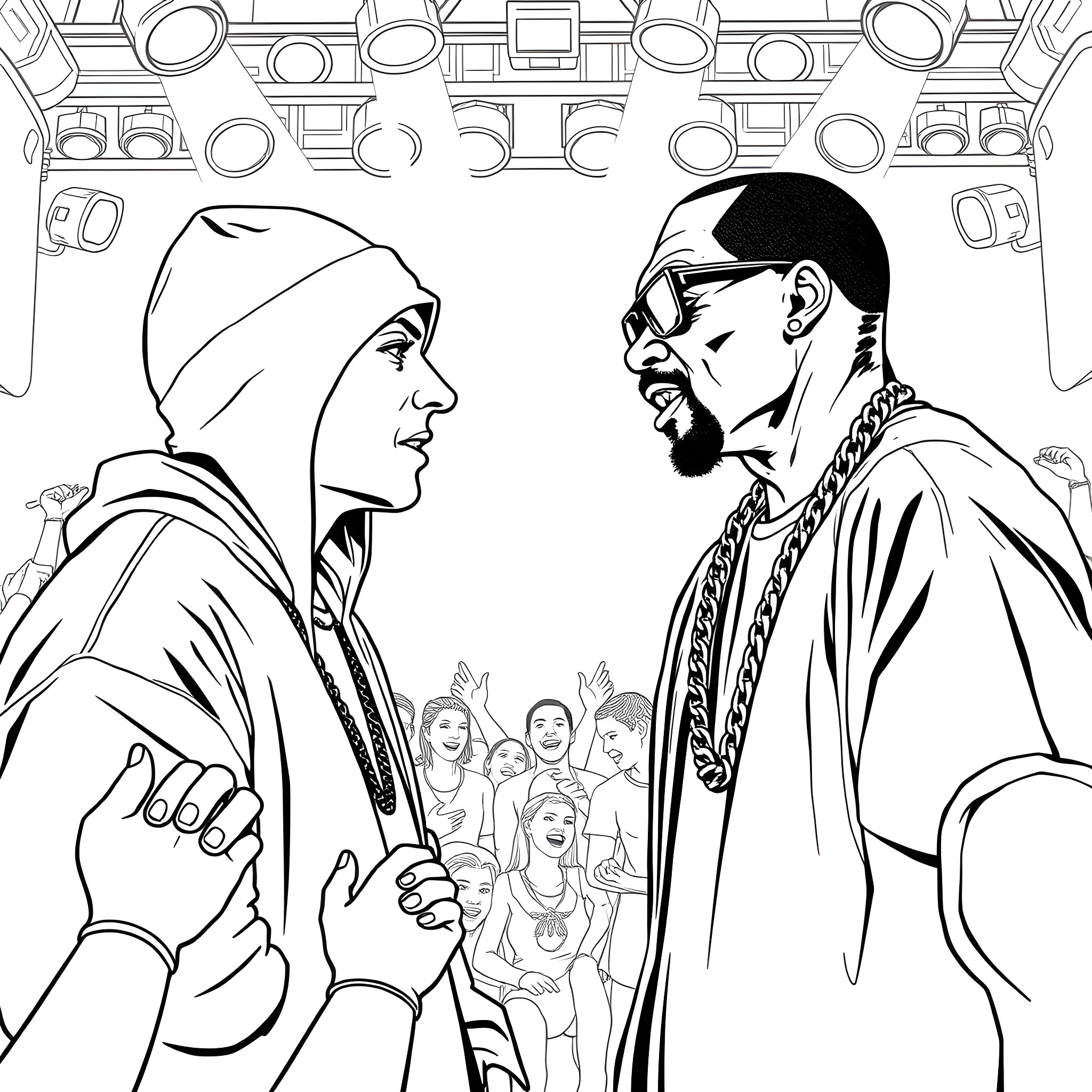 Eminem confronting a figure with audience in the background Coloring Page (free black-and-white line drawing printable PDF for all, from beginners to advanced learners, including children, teens, adults, and seniors)