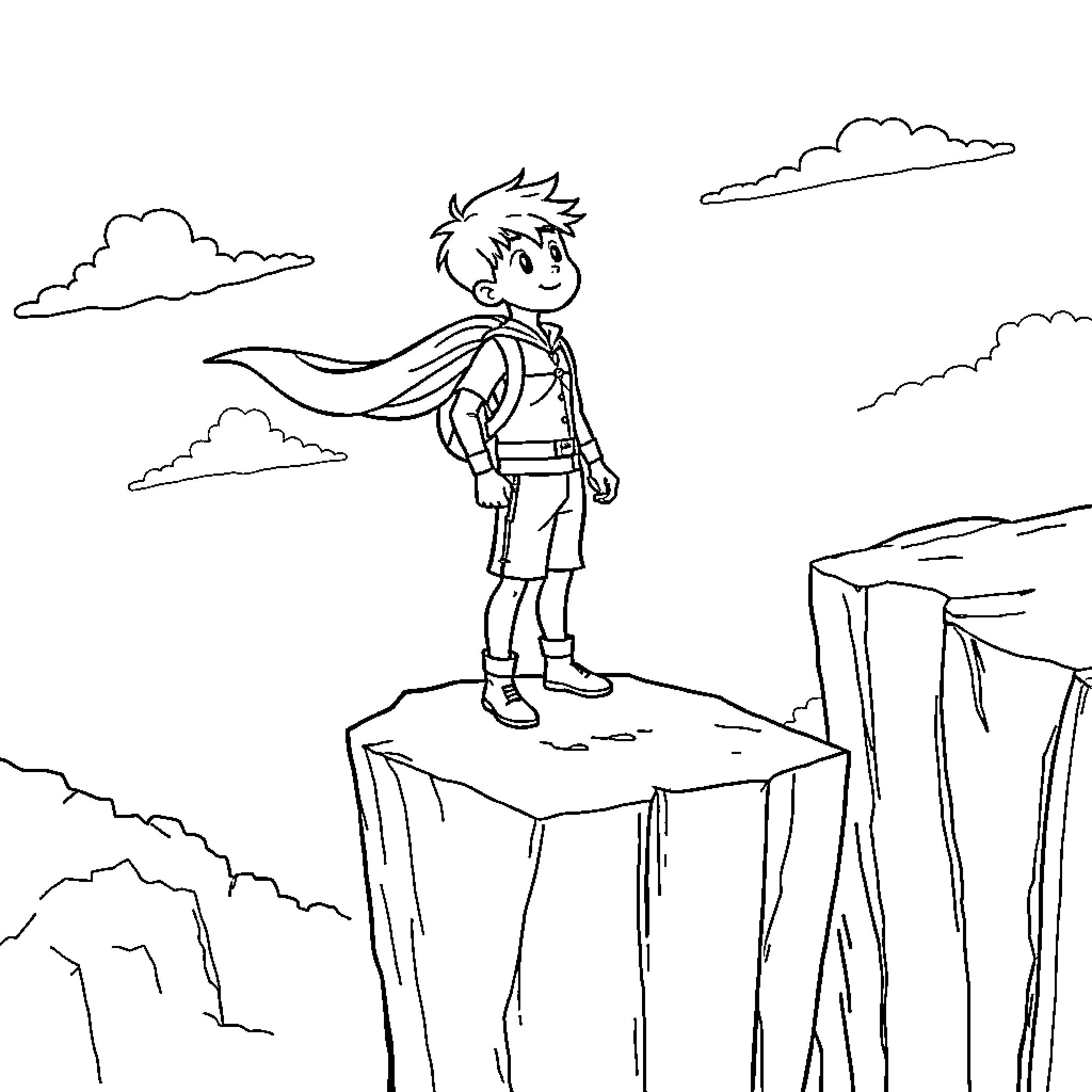 Boy standing on a cliff with a cape Coloring Page (free black-and-white line drawing printable PDF for all, from beginners to advanced learners, including children, teens, adults, and seniors)