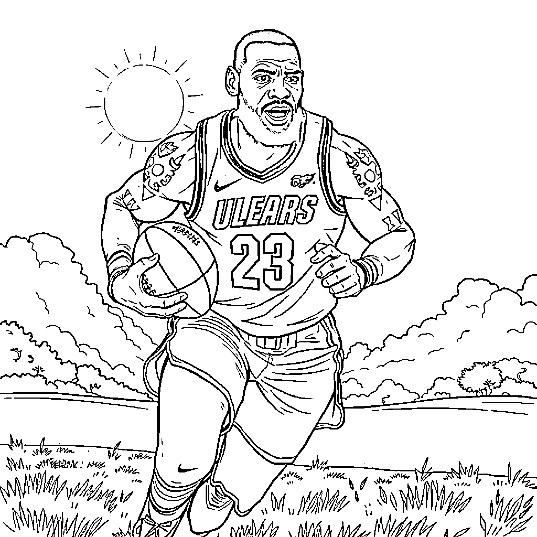 LeBron James playing basketball in a field Coloring Page (free black-and-white line drawing printable PDF for all, from beginners to advanced learners, including children, teens, adults, and seniors)