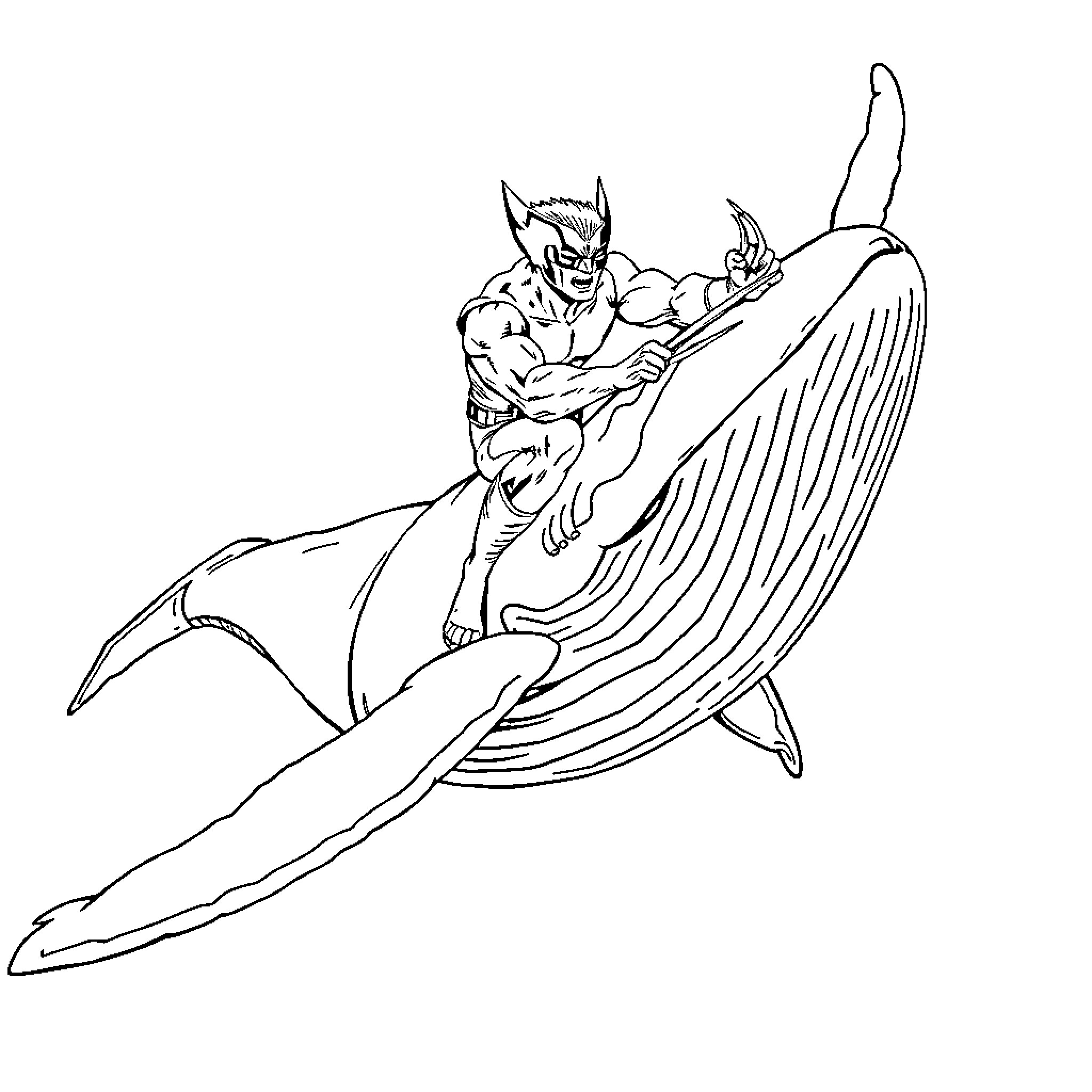 Wolverine Riding an Aquatic Creature Coloring Page (free black-and-white line drawing printable PDF for all, from beginners to advanced learners, including children, teens, adults, and seniors)