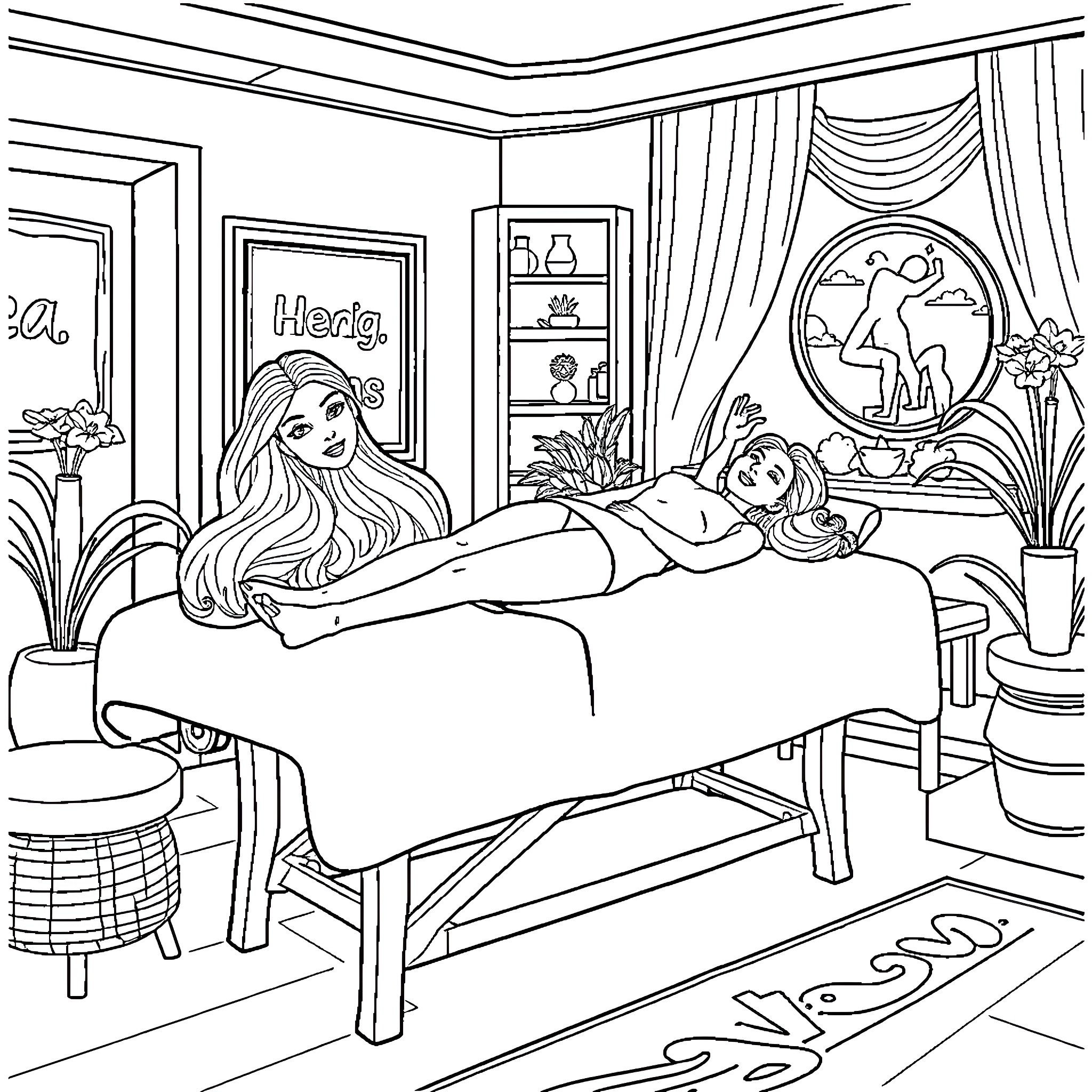 Barbie's relaxing spa day at home Coloring Page (free black-and-white line drawing printable PDF for all, from beginners to advanced learners, including children, teens, adults, and seniors)