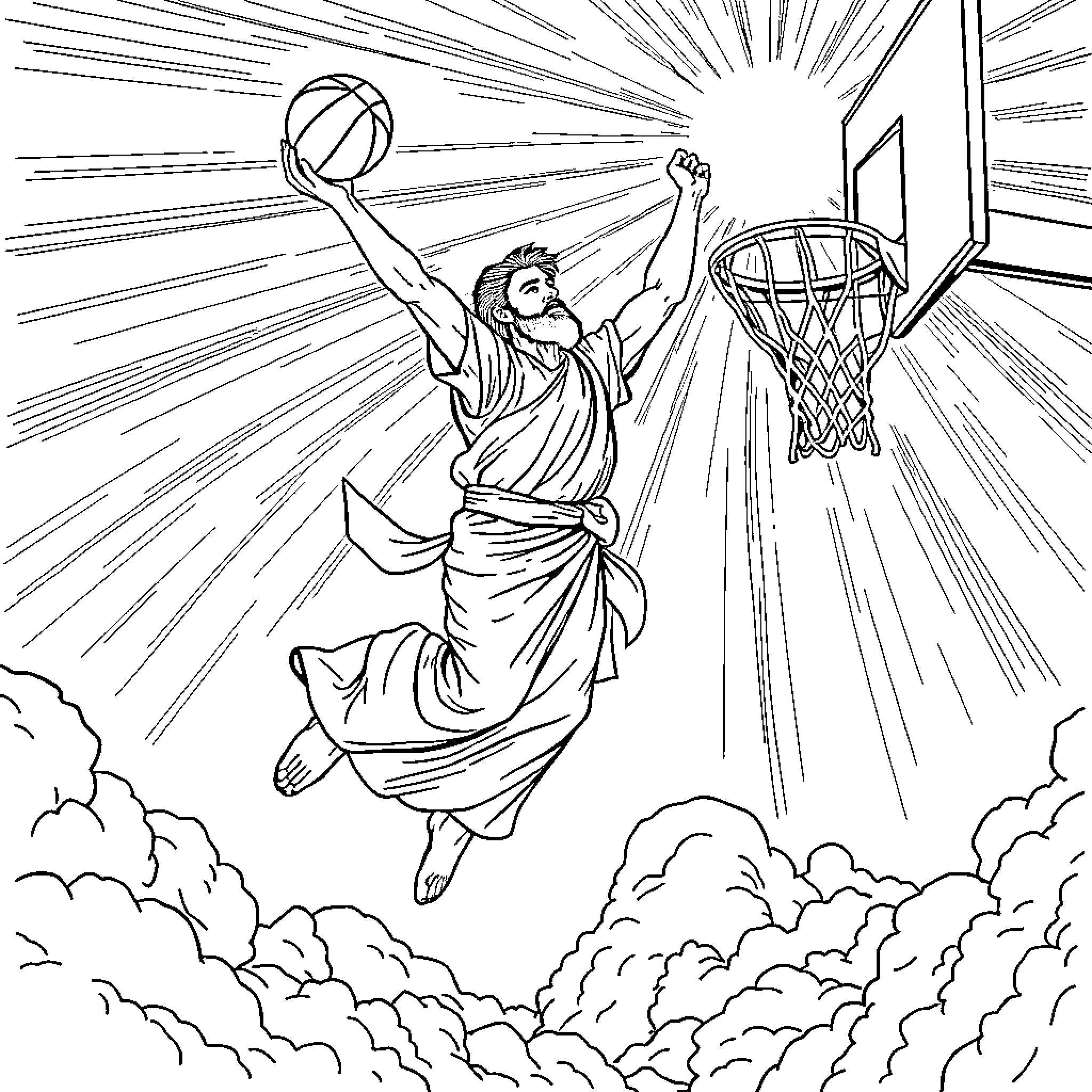 Jesus soaring gracefully to dunk the basketball Coloring Page (free black-and-white line drawing printable PDF for all, from beginners to advanced learners, including children, teens, adults, and seniors)