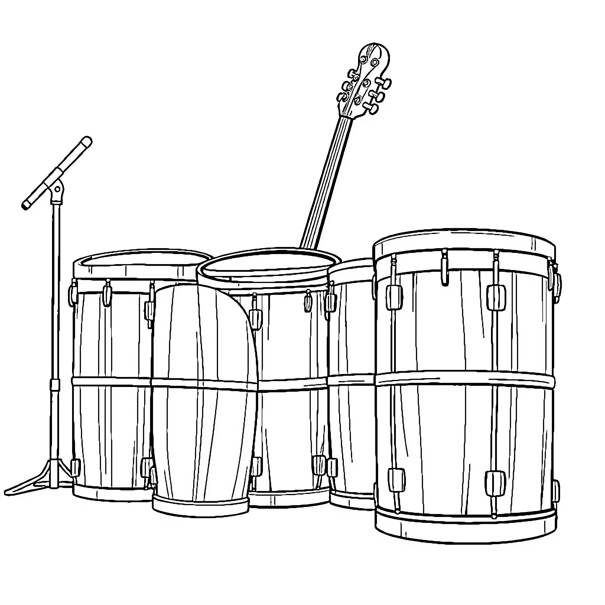 Bass Caisson with Drum Kit and Microphone Coloring Page (free black-and-white line drawing printable PDF for all, from beginners to advanced learners, including children, teens, adults, and seniors)