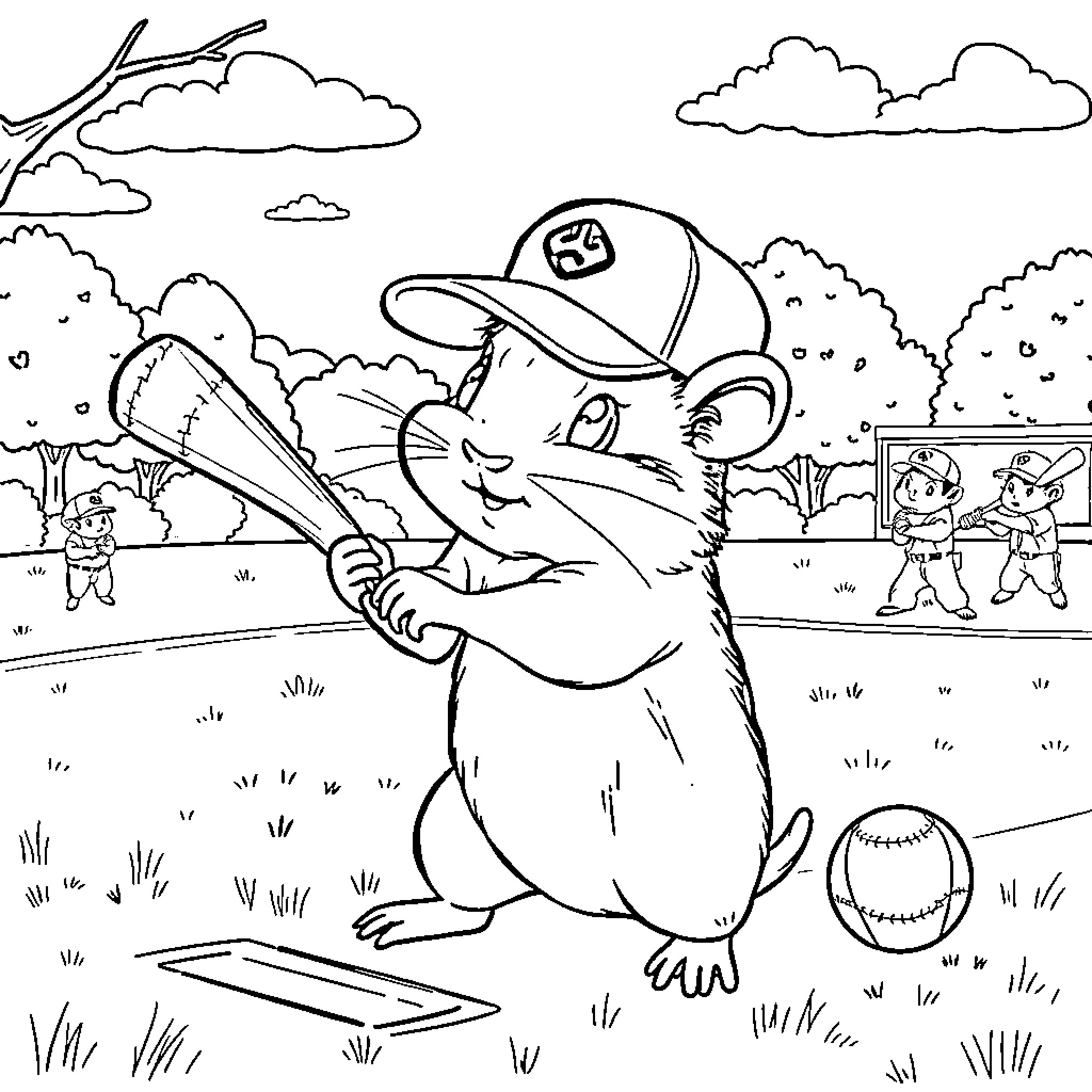 Hamster playing baseball in the park Coloring Page (free black-and-white line drawing printable PDF for all, from beginners to advanced learners, including children, teens, adults, and seniors)