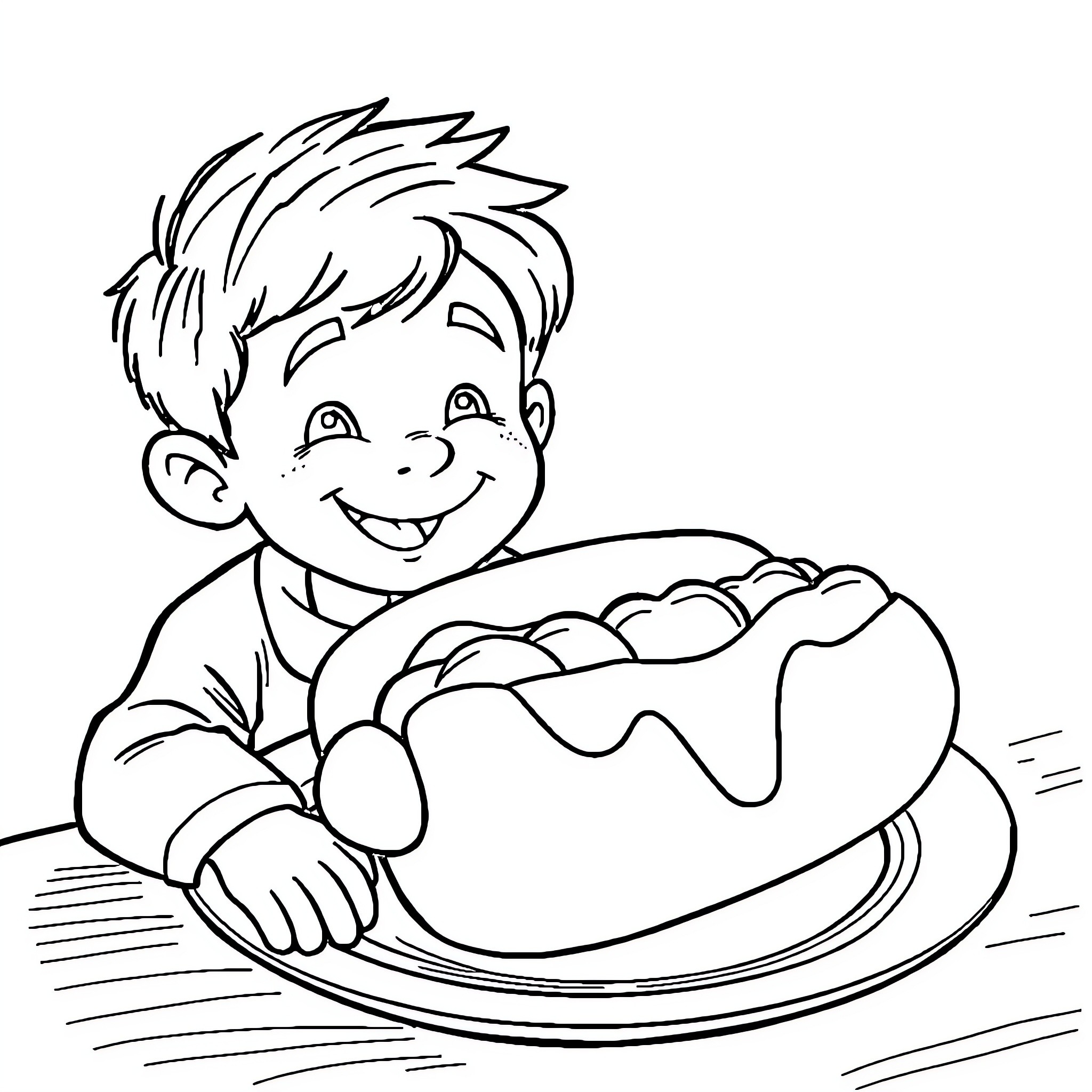 Hotdog served joyfully by a young child Coloring Page (free black-and-white line drawing printable PDF for all, from beginners to advanced learners, including children, teens, adults, and seniors)