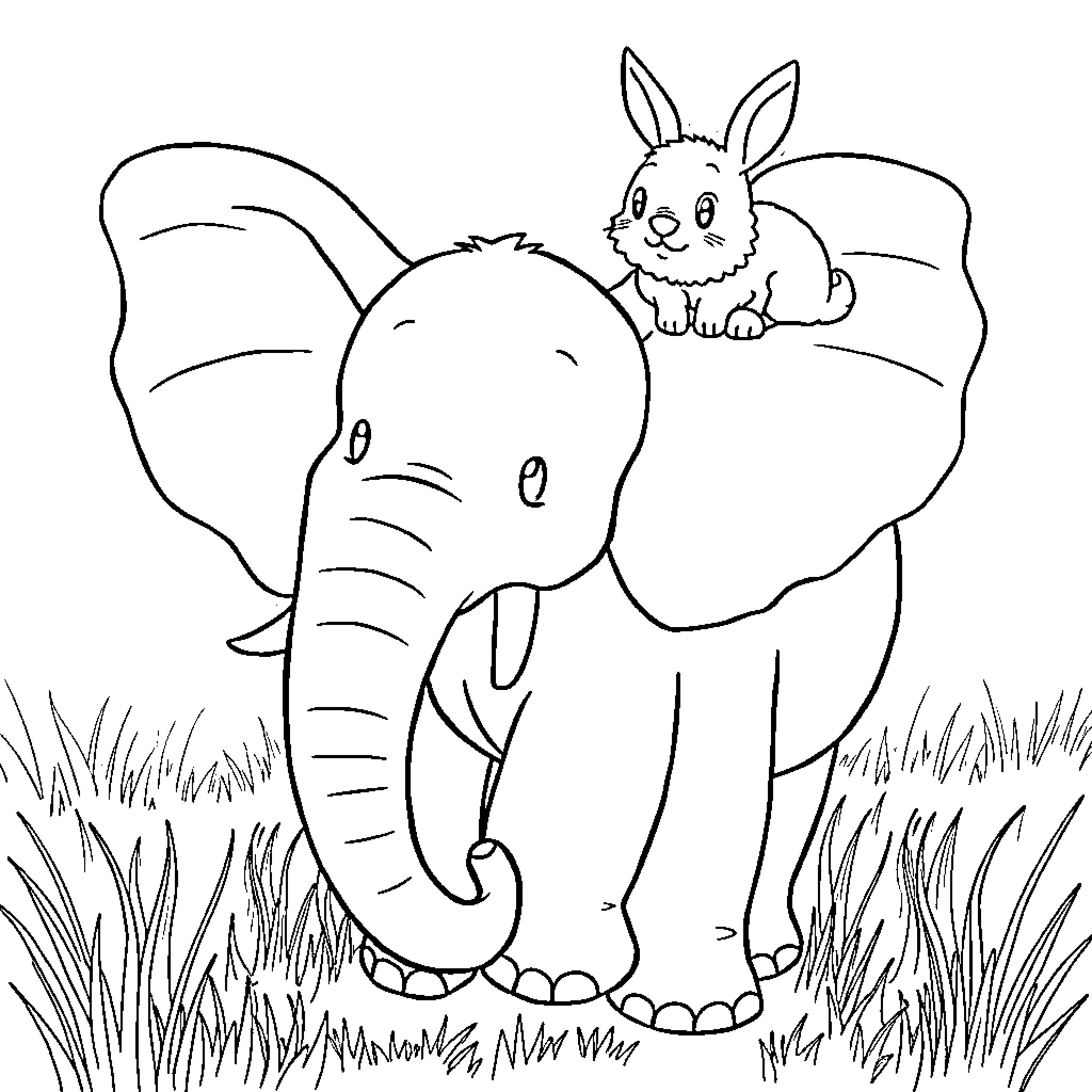 Rabbit peeking at playful elephant in the meadow Coloring Page (free black-and-white line drawing printable PDF for all, from beginners to advanced learners, including children, teens, adults, and seniors)