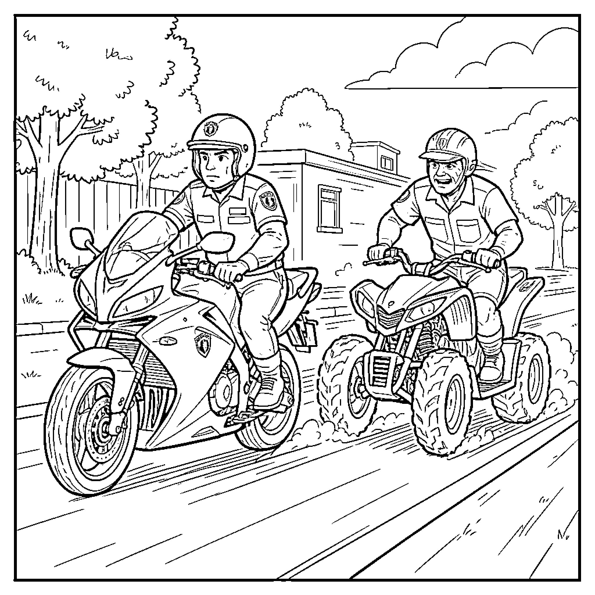 Police Motorcycle Officers Patrolling the Streets Coloring Page (free black-and-white line drawing printable PDF for all, from beginners to advanced learners, including children, teens, adults, and seniors)