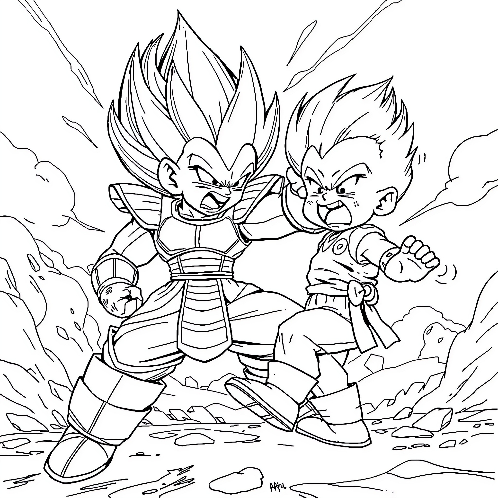 Vegeta and Goku's intense battle in the clouds Coloring Page (free black-and-white line drawing printable PDF for all, from beginners to advanced learners, including children, teens, adults, and seniors)