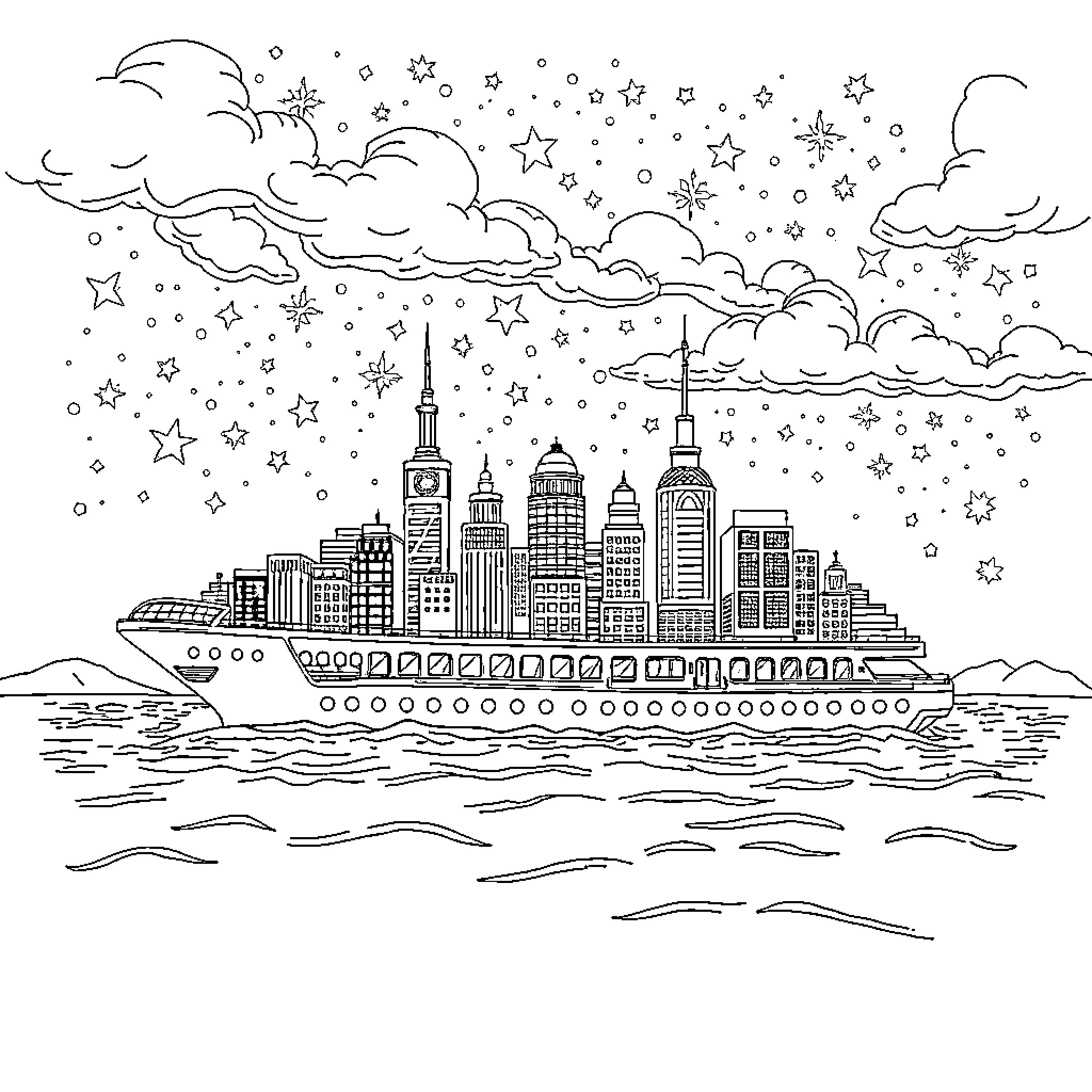City skyline with stars and clouds Coloring Page (free black-and-white line drawing printable PDF for all, from beginners to advanced learners, including children, teens, adults, and seniors)