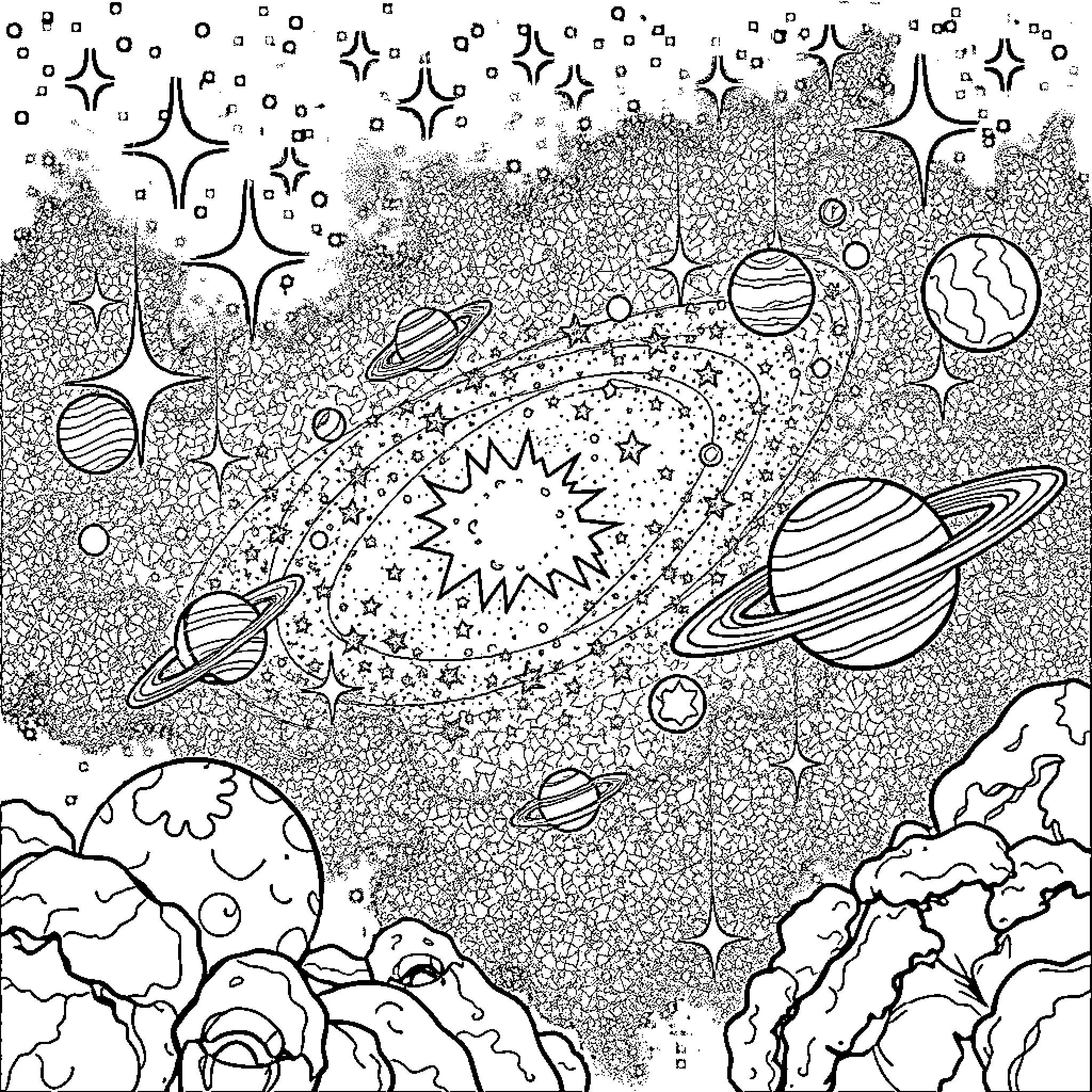 Galaxy of Cosmic Wonders and Celestial Mysteries Coloring Page (free black-and-white line drawing printable PDF for all, from beginners to advanced learners, including children, teens, adults, and seniors)
