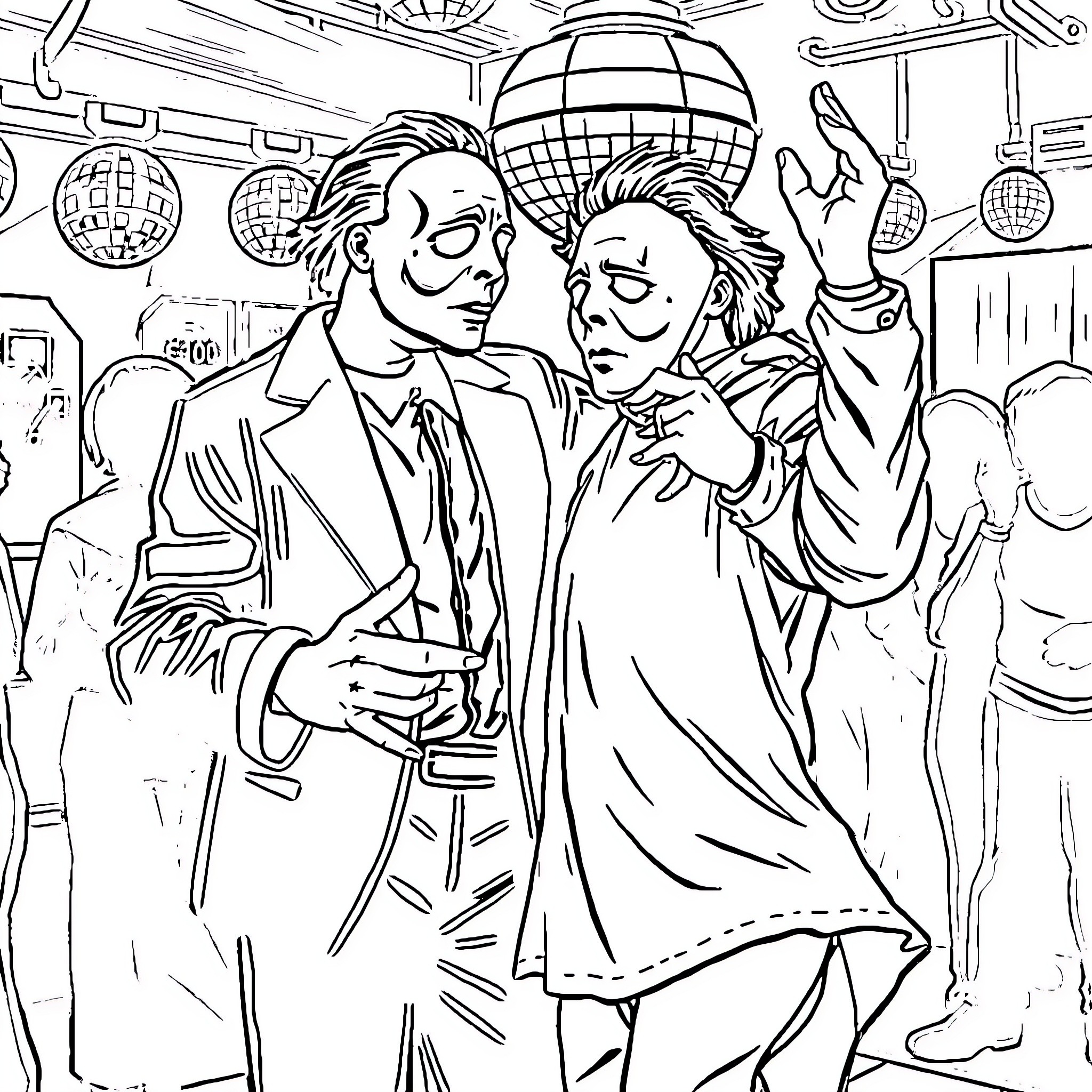 Ghostface duo at a lively disco party Coloring Page (free black-and-white line drawing printable PDF for all, from beginners to advanced learners, including children, teens, adults, and seniors)