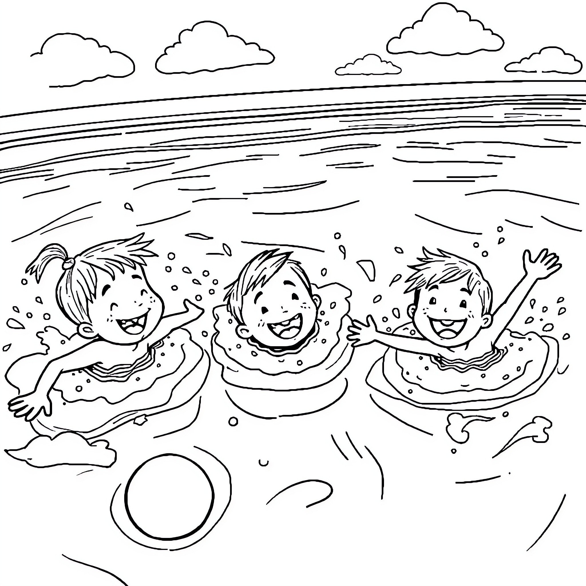 Kids splashing and playing in the water Coloring Page (free black-and-white line drawing printable PDF for all, from beginners to advanced learners, including children, teens, adults, and seniors)