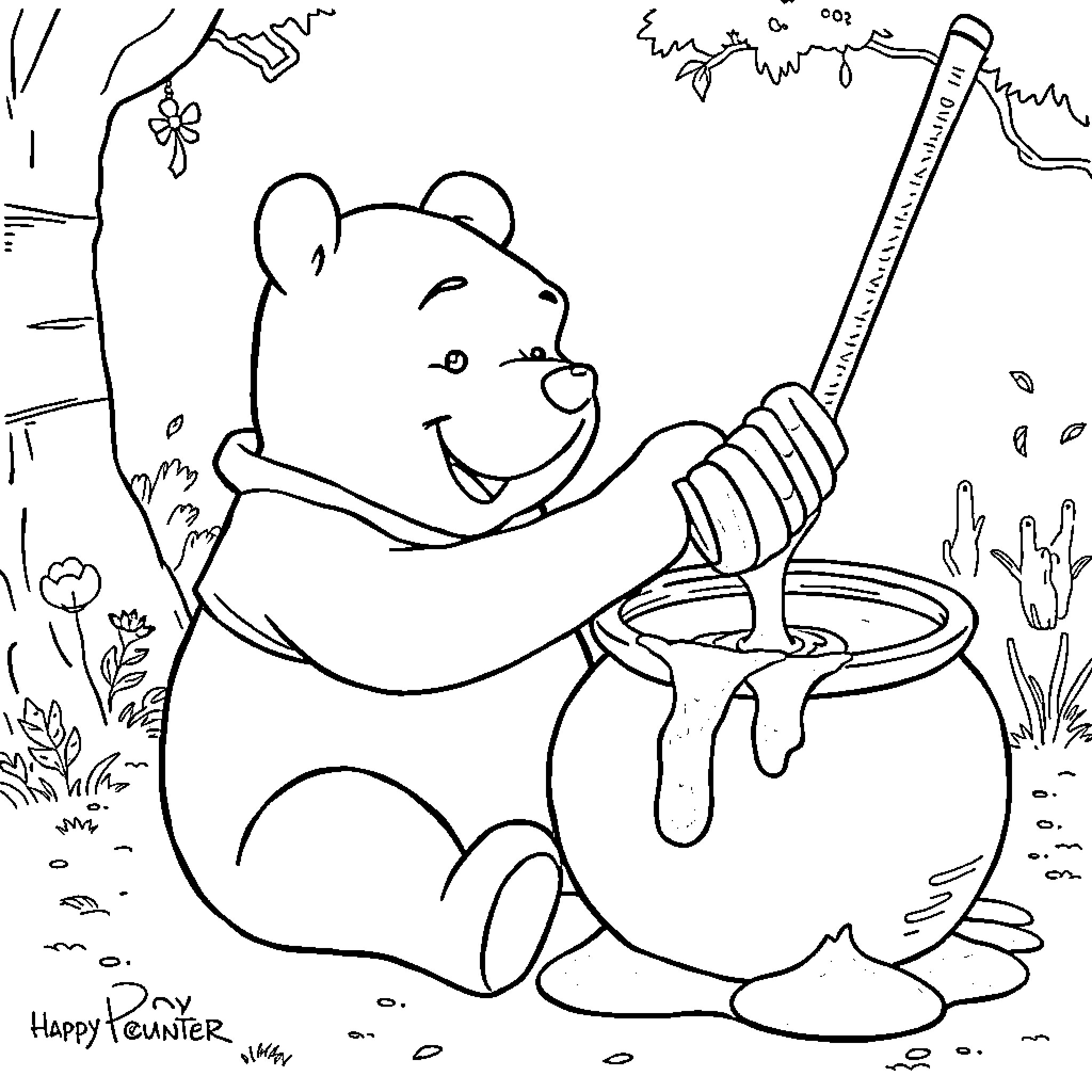 Winnie The Pooh enjoying honey in the forest Coloring Page (free black-and-white line drawing printable PDF for all, from beginners to advanced learners, including children, teens, adults, and seniors)