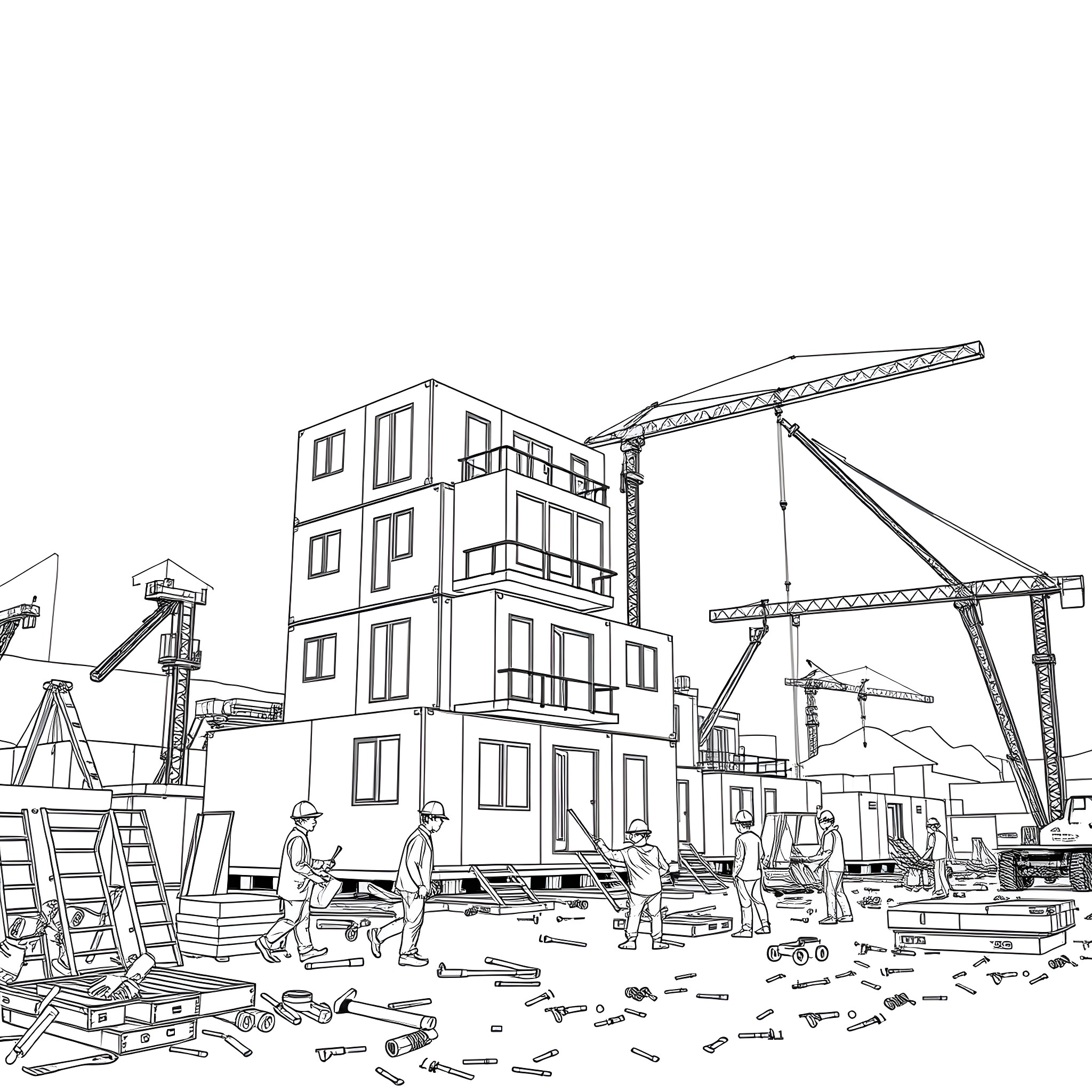 Prefab construction site with workers and cranes Coloring Page (free black-and-white line drawing printable PDF for all, from beginners to advanced learners, including children, teens, adults, and seniors)