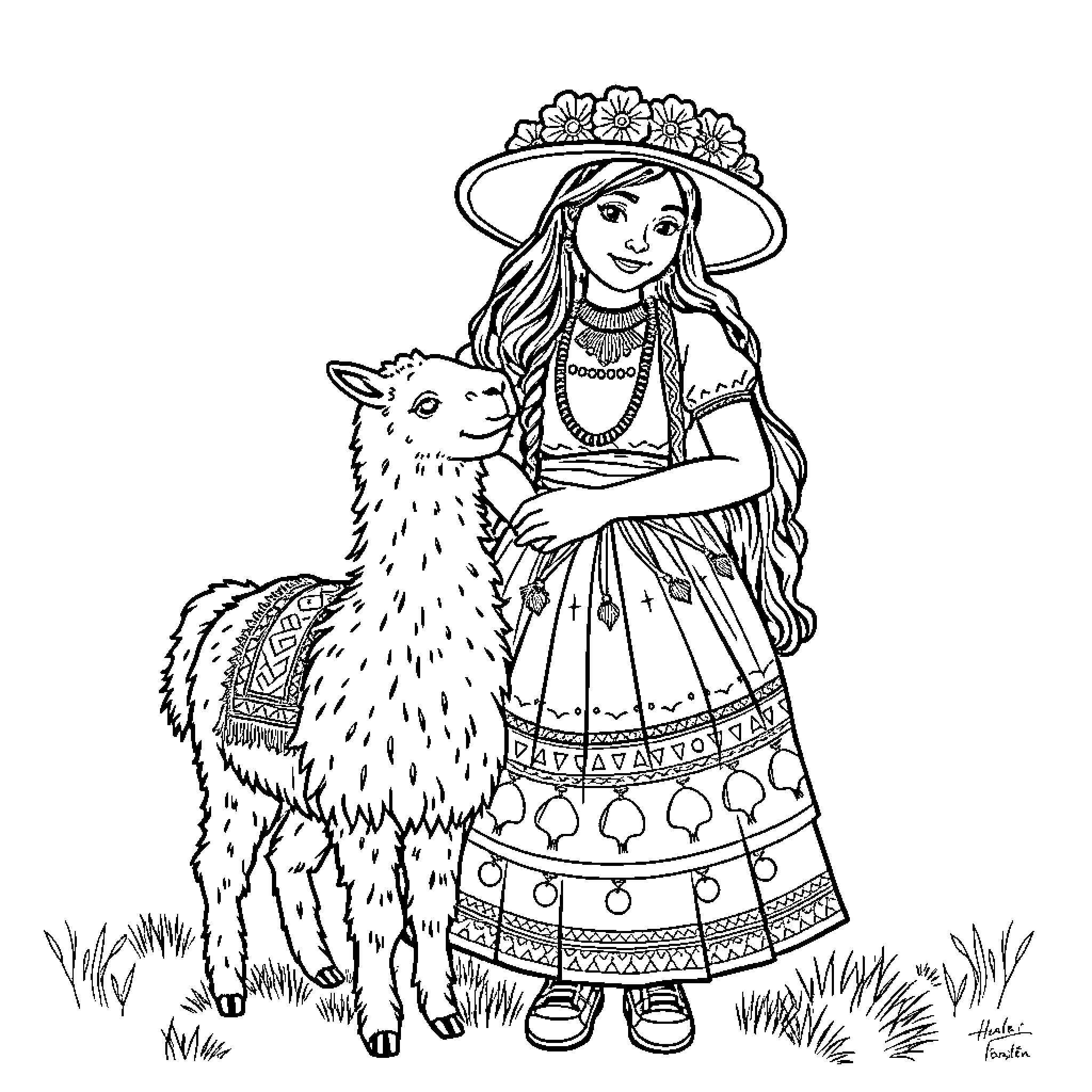 Cholita with adorned alpaca in traditional attire Coloring Page (free black-and-white line drawing printable PDF for all, from beginners to advanced learners, including children, teens, adults, and seniors)