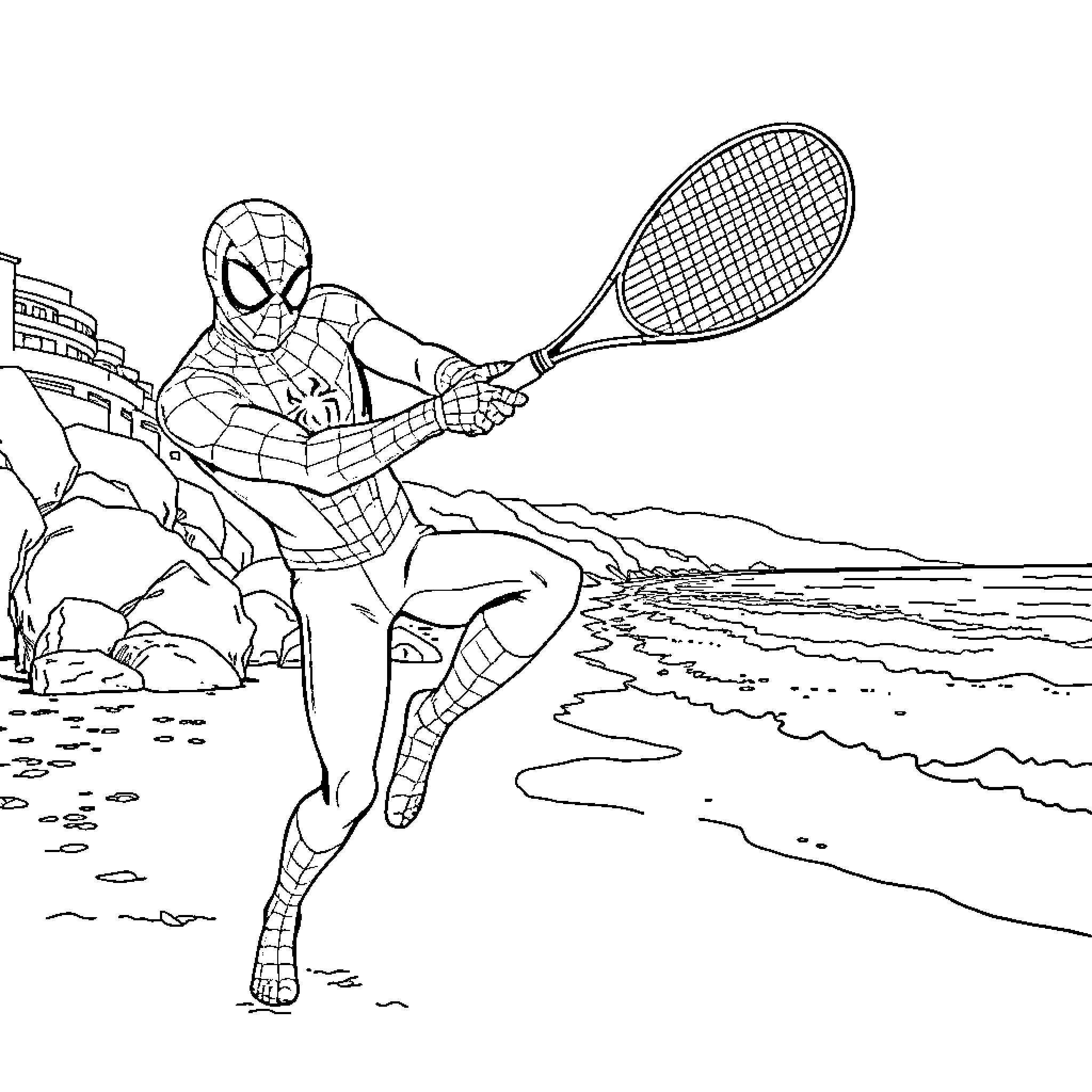 Spiderman playing tennis on the beach Coloring Page (free black-and-white line drawing printable PDF for all, from beginners to advanced learners, including children, teens, adults, and seniors)