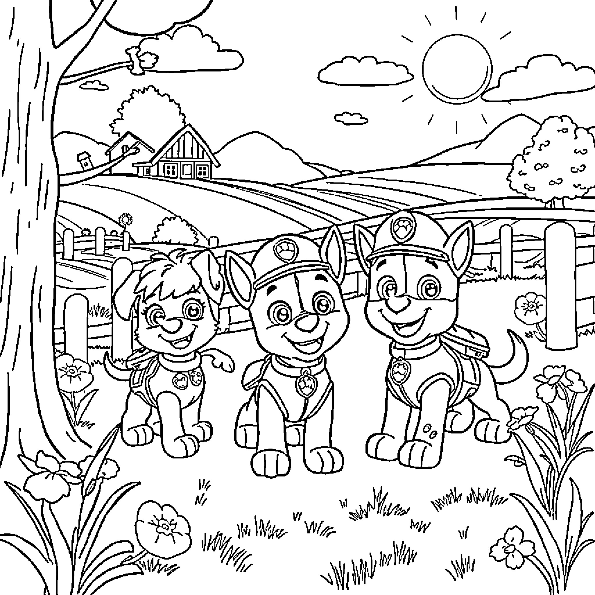 Paw Patrol characters in an outdoor countryside scene Coloring Page (free black-and-white line drawing printable PDF for all, from beginners to advanced learners, including children, teens, adults, and seniors)