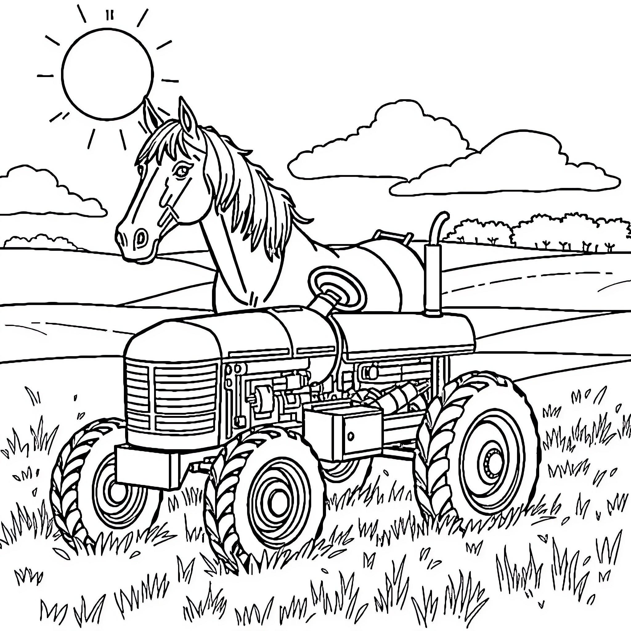Horse riding on a vintage tractor in a rural landscape Coloring Page (free black-and-white line drawing printable PDF for all, from beginners to advanced learners, including children, teens, adults, and seniors)