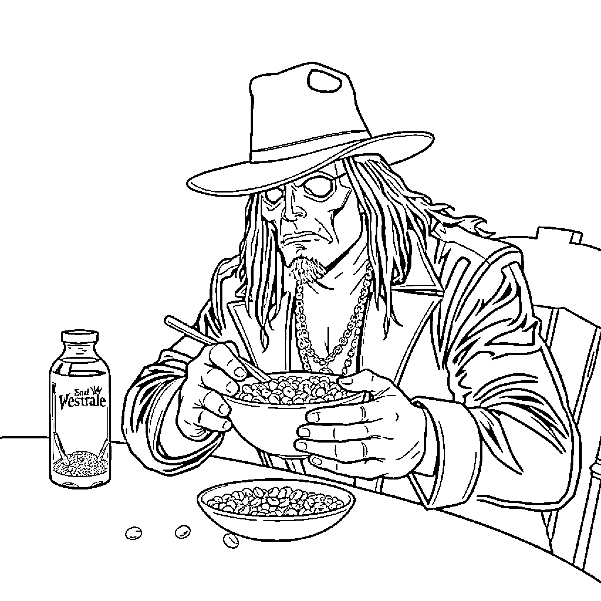 Undertaker Enjoying a Hearty Meal Coloring Page (free black-and-white line drawing printable PDF for all, from beginners to advanced learners, including children, teens, adults, and seniors)