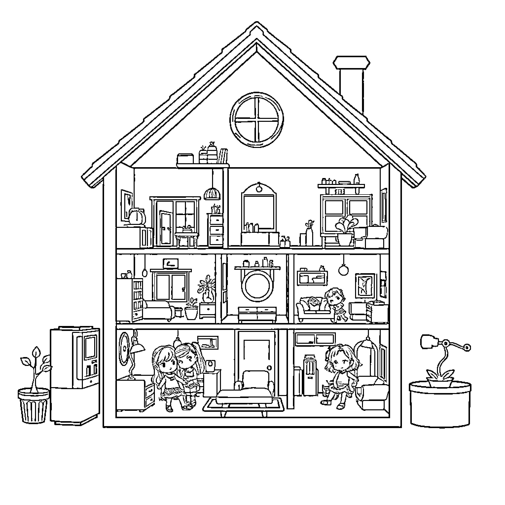 Dollhouse with Figures and Household Items Coloring Page (free black-and-white line drawing printable PDF for all, from beginners to advanced learners, including children, teens, adults, and seniors)