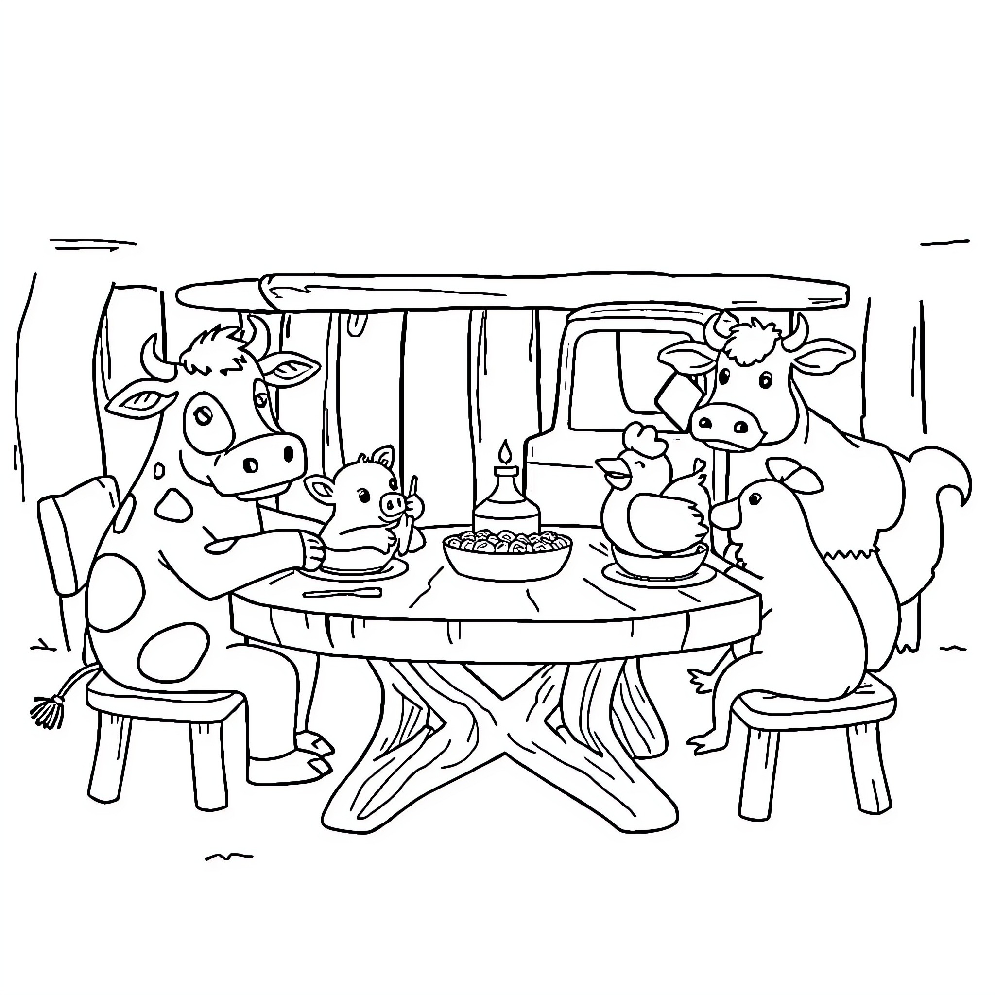 Truck carrying farm animals having a party Coloring Page (free black-and-white line drawing printable PDF for all, from beginners to advanced learners, including children, teens, adults, and seniors)