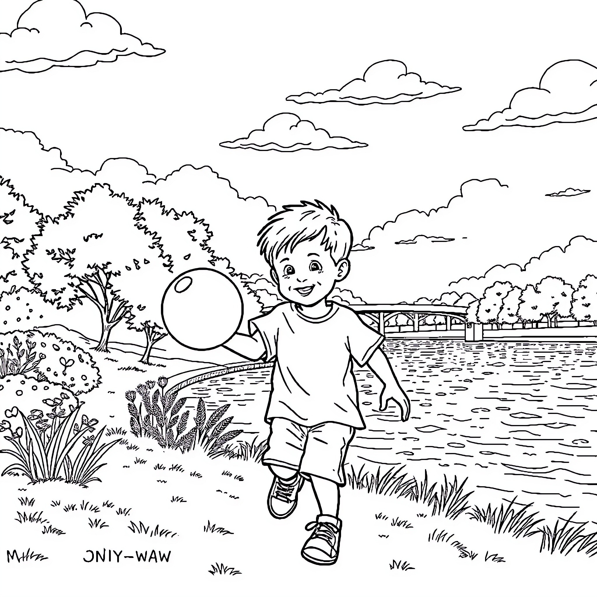 Boy exploring nature with magnifying glass Coloring Page (free black-and-white line drawing printable PDF for all, from beginners to advanced learners, including children, teens, adults, and seniors)
