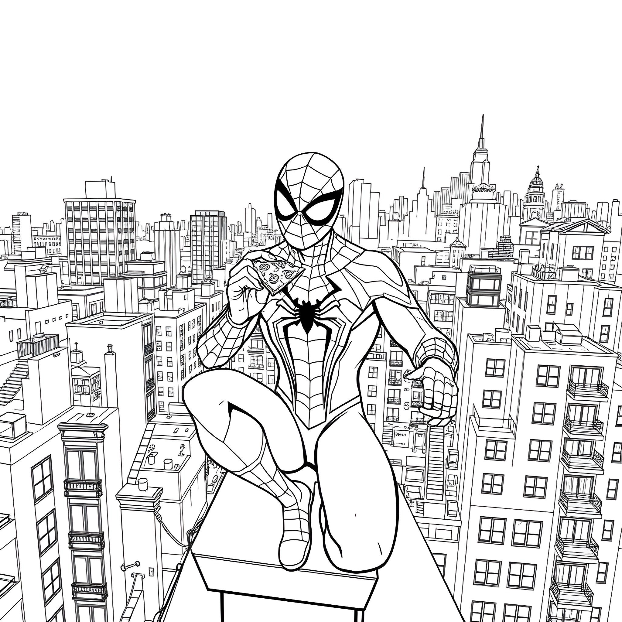 Spider-Man swinging through the city skyline Coloring Page (free black-and-white line drawing printable PDF for all, from beginners to advanced learners, including children, teens, adults, and seniors)
