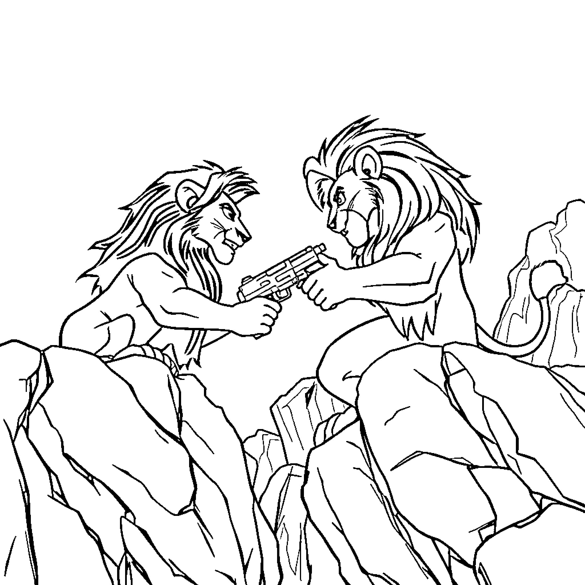 Simba confronting Scar in the wilderness Coloring Page (free black-and-white line drawing printable PDF for all, from beginners to advanced learners, including children, teens, adults, and seniors)