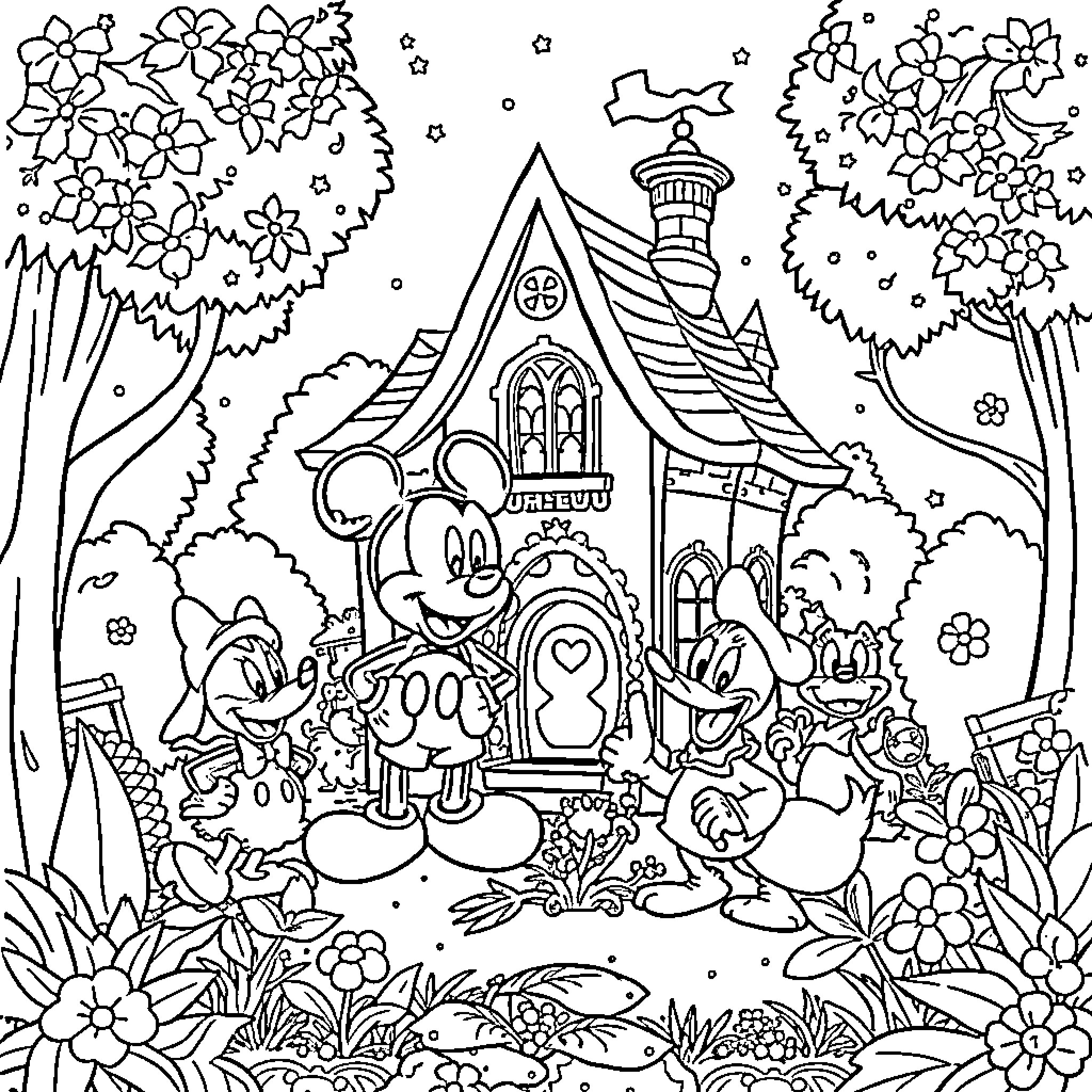 Mickey's Enchanted Floral Adventure Coloring Page (free black-and-white line drawing printable PDF for all, from beginners to advanced learners, including children, teens, adults, and seniors)