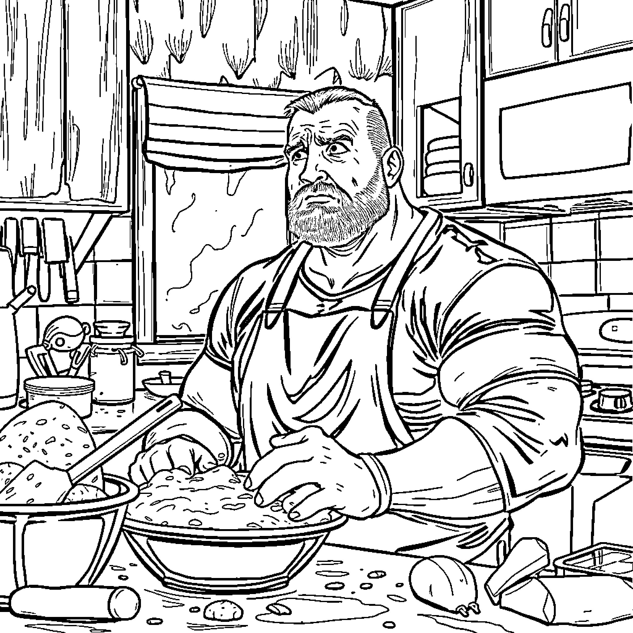Steve Austin cooks a hearty meal in his rustic kitchen Coloring Page (free black-and-white line drawing printable PDF for all, from beginners to advanced learners, including children, teens, adults, and seniors)