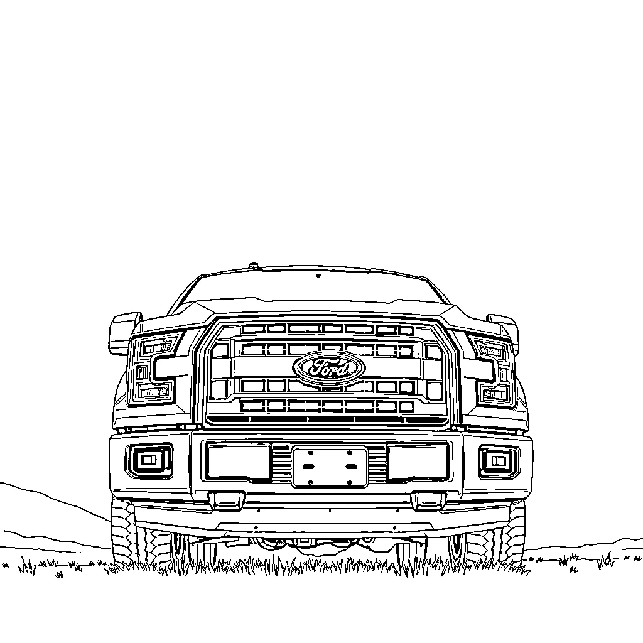 Ford F-150 Truck in Grassy Field Coloring Page (free black-and-white line drawing printable PDF for all, from beginners to advanced learners, including children, teens, adults, and seniors)