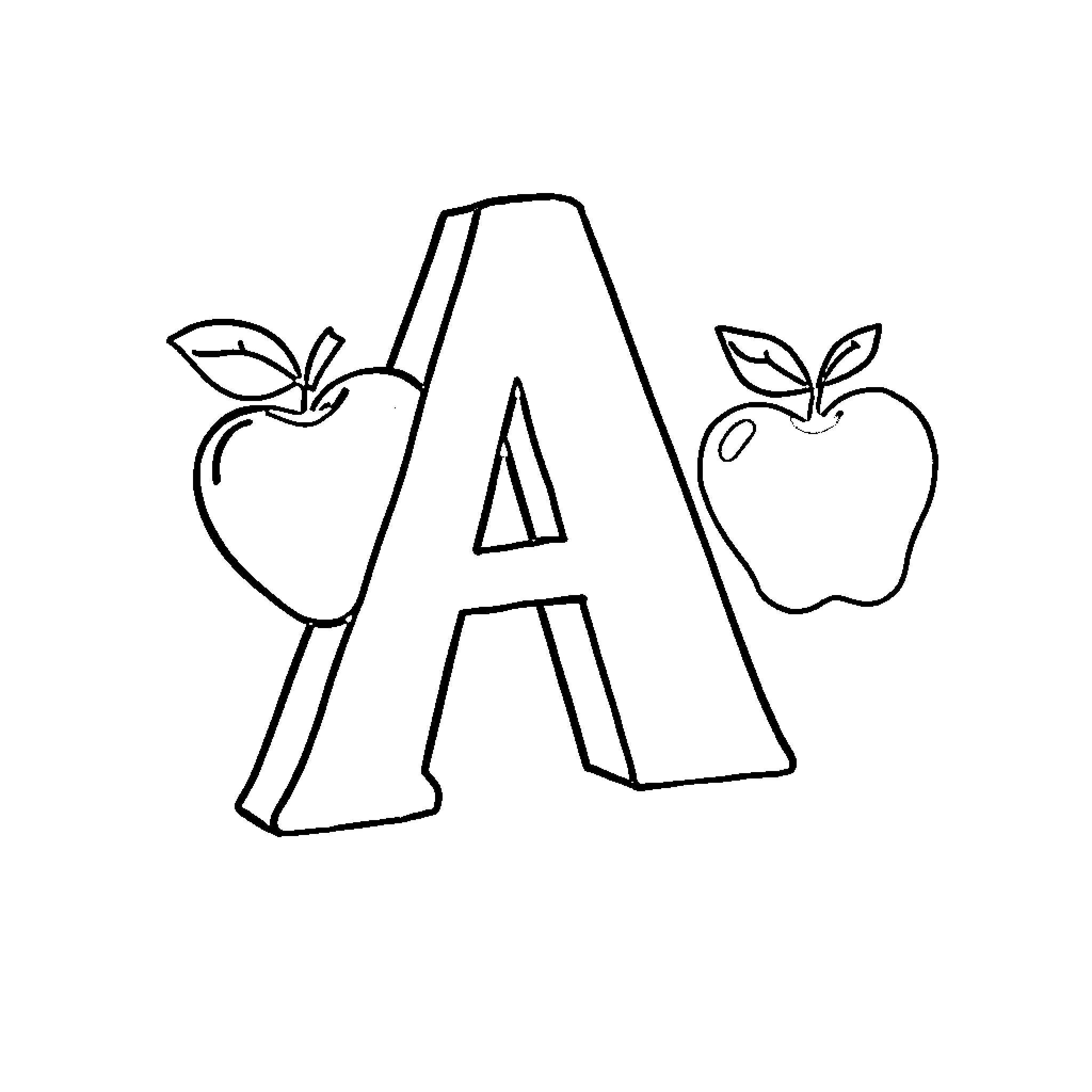 Apple Shaped Letter A with Fruit Accents Coloring Page (free black-and-white line drawing printable PDF for all, from beginners to advanced learners, including children, teens, adults, and seniors)