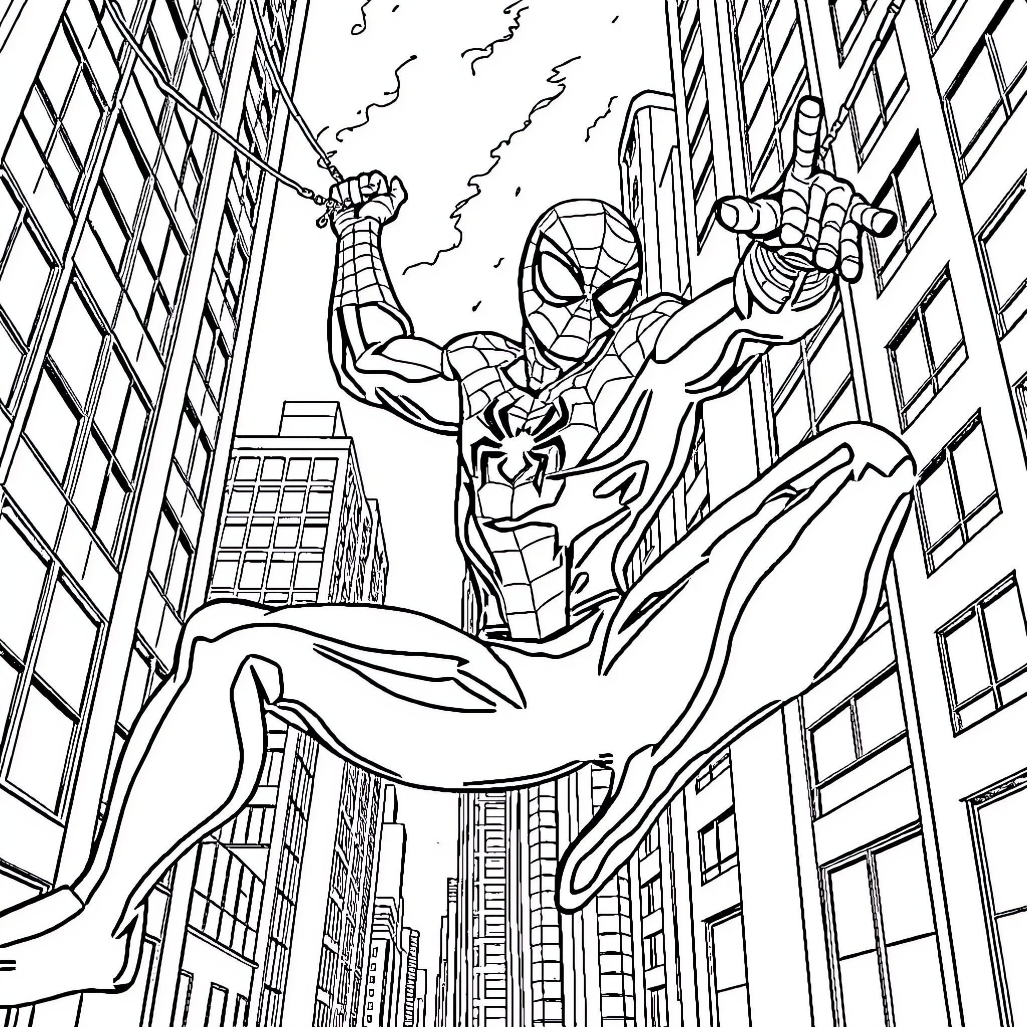 Spiderman swinging through the city skyscrapers Coloring Page (free black-and-white line drawing printable PDF for all, from beginners to advanced learners, including children, teens, adults, and seniors)