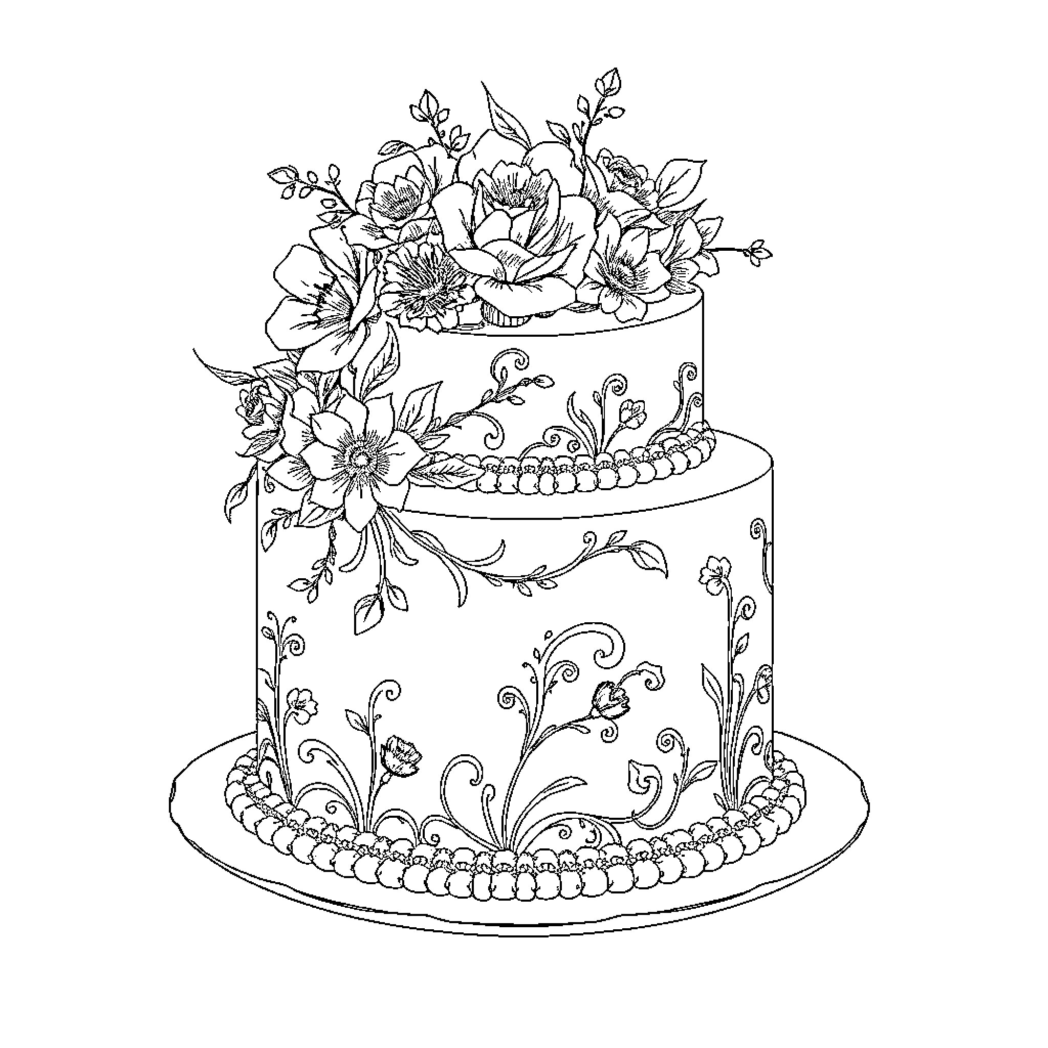 Cake decorated with floral arrangements Coloring Page (free black-and-white line drawing printable PDF for all, from beginners to advanced learners, including children, teens, adults, and seniors)