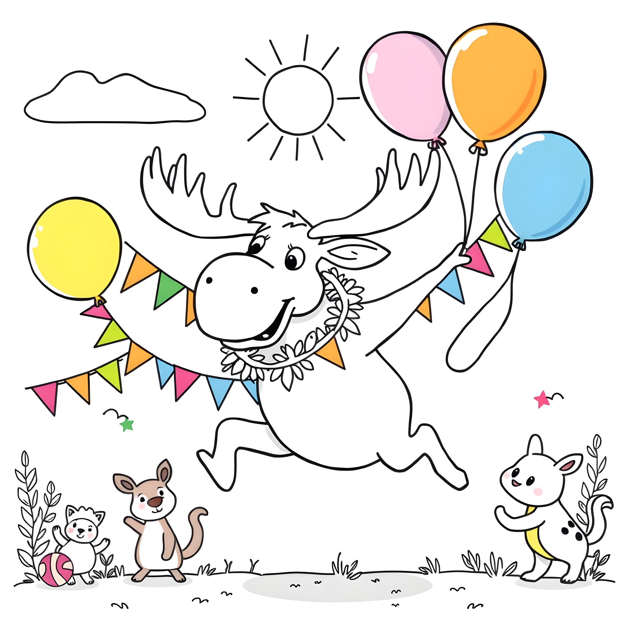 Moose celebrating with balloons and friends Coloring Page (free black-and-white line drawing printable PDF for all, from beginners to advanced learners, including children, teens, adults, and seniors)