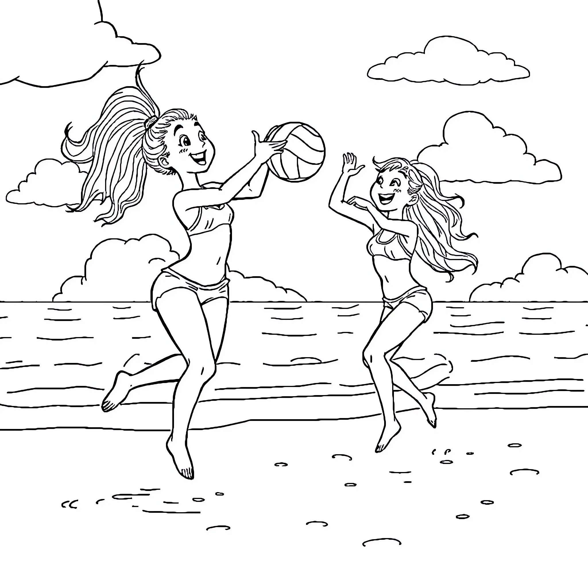Laylay's fun beach volleyball game Coloring Page (free black-and-white line drawing printable PDF for all, from beginners to advanced learners, including children, teens, adults, and seniors)