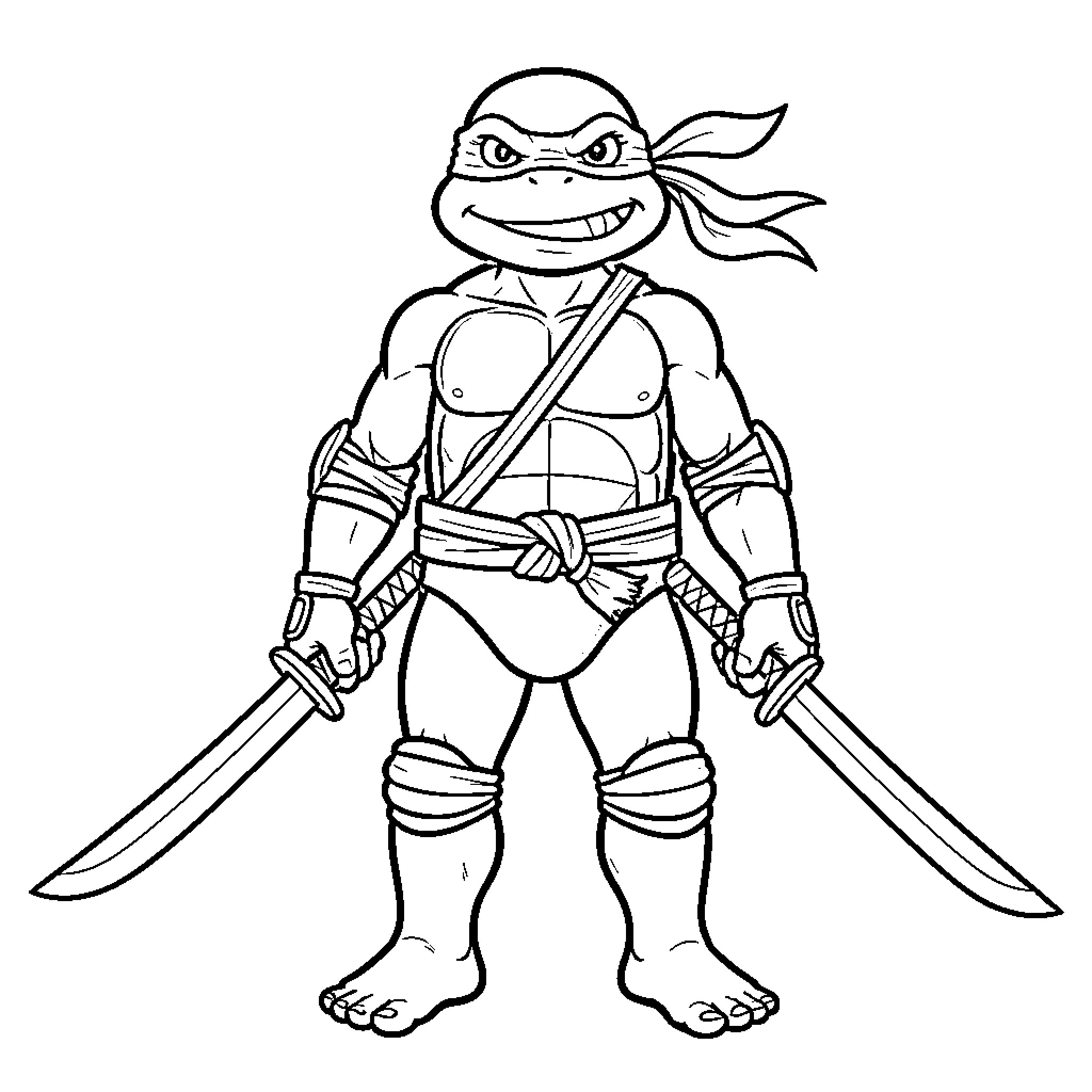 Ninja Turtle standing confidently holding two swords Coloring Page (free black-and-white line drawing printable PDF for all, from beginners to advanced learners, including children, teens, adults, and seniors)
