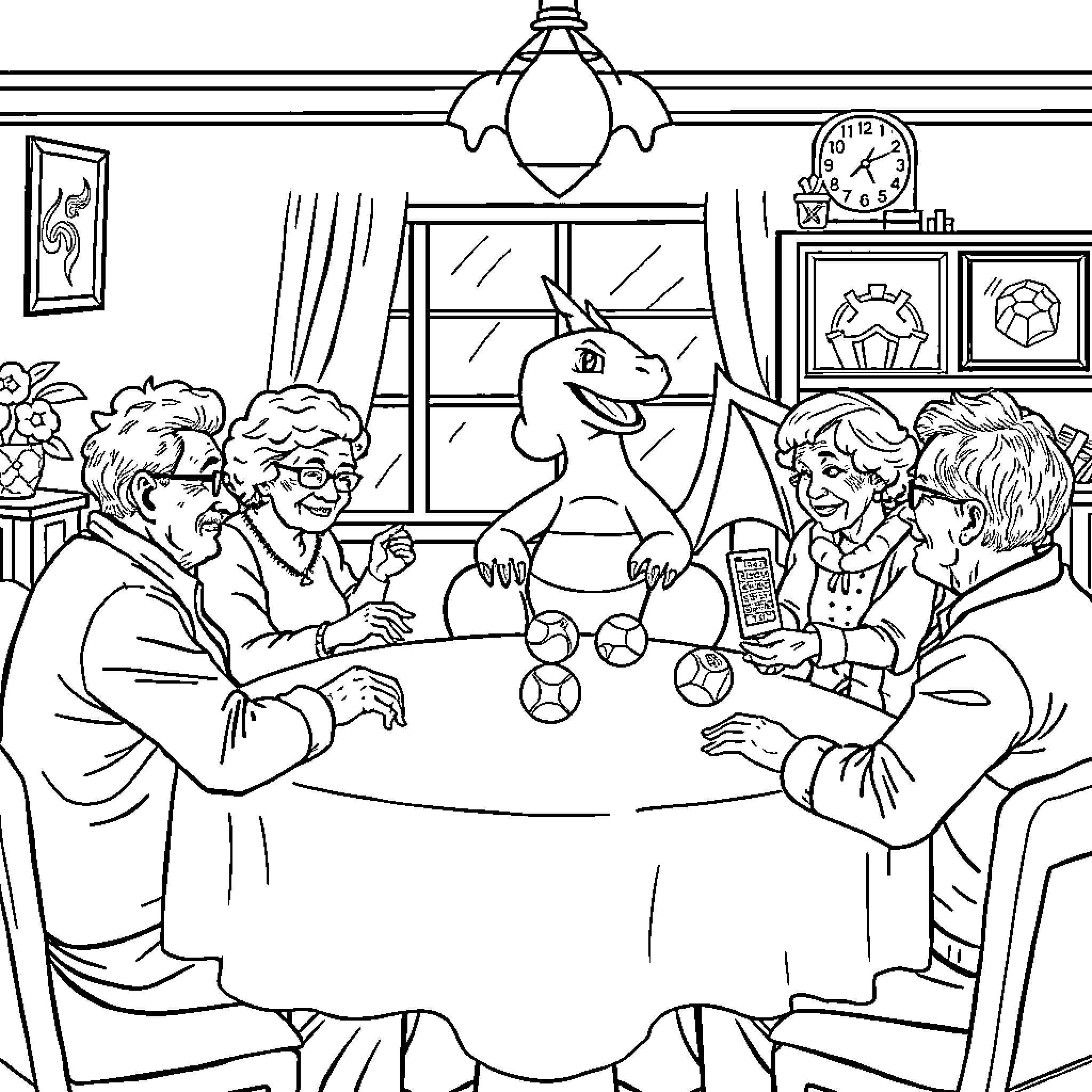 Charizard hosting a cozy game night with friends Coloring Page (free black-and-white line drawing printable PDF for all, from beginners to advanced learners, including children, teens, adults, and seniors)