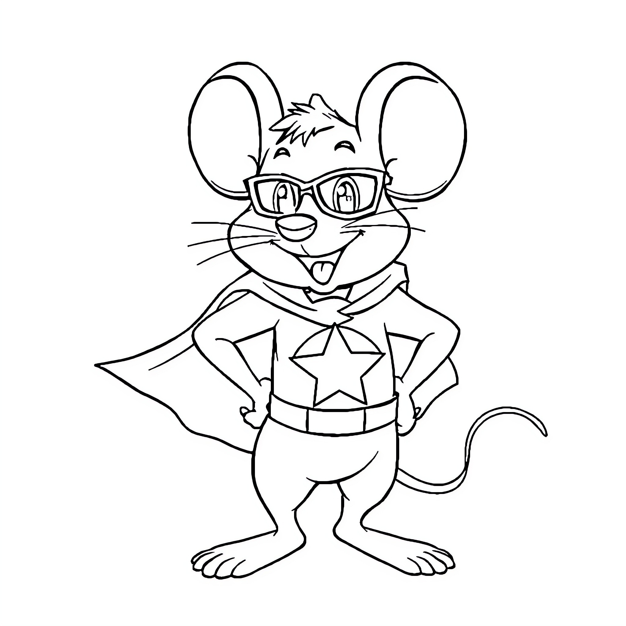 Super Mouse wearing glasses and a superhero costume Coloring Page (free black-and-white line drawing printable PDF for all, from beginners to advanced learners, including children, teens, adults, and seniors)
