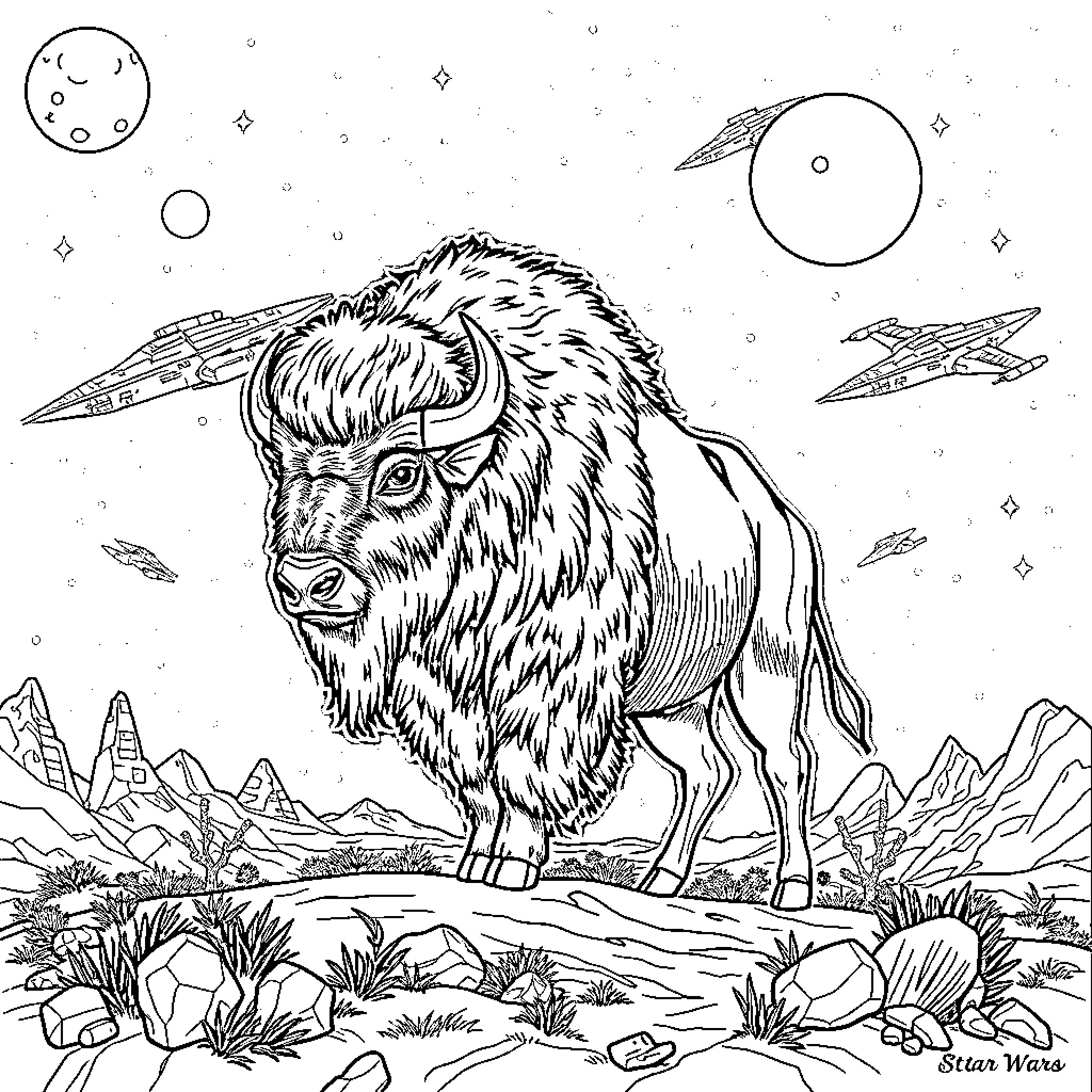 Bison standing tall in the alien landscape Coloring Page (free black-and-white line drawing printable PDF for all, from beginners to advanced learners, including children, teens, adults, and seniors)