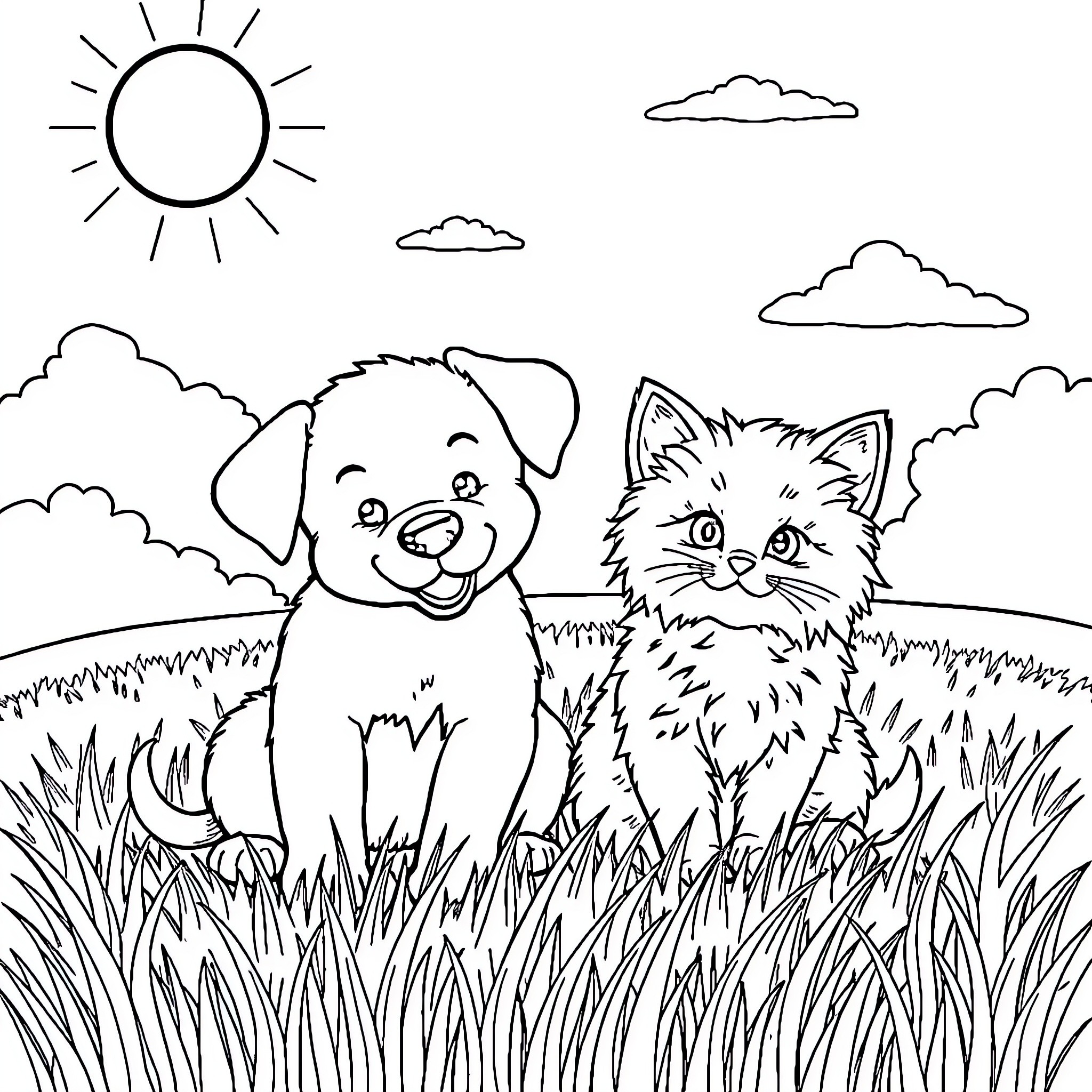 Puppy and kitten playing happily in the grass Coloring Page (free black-and-white line drawing printable PDF for all, from beginners to advanced learners, including children, teens, adults, and seniors)
